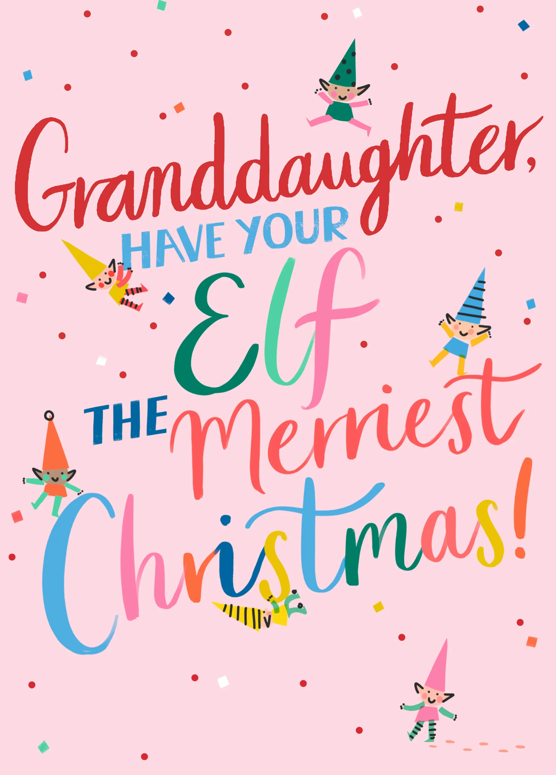 Personalised Cute Elf Christmas Card For Granddaughter