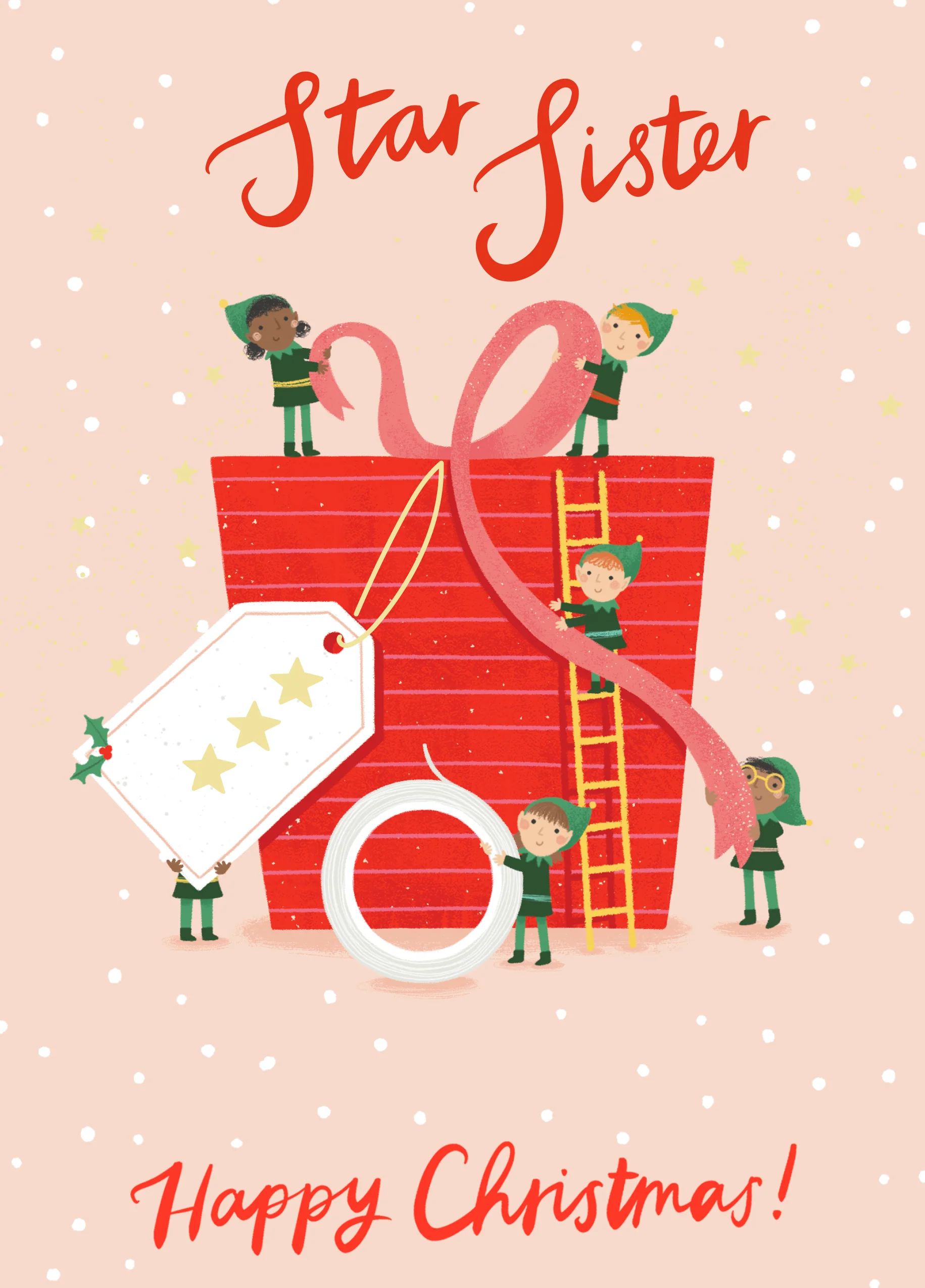 Personalised Cute Elves & Gift Christmas Card for Sister