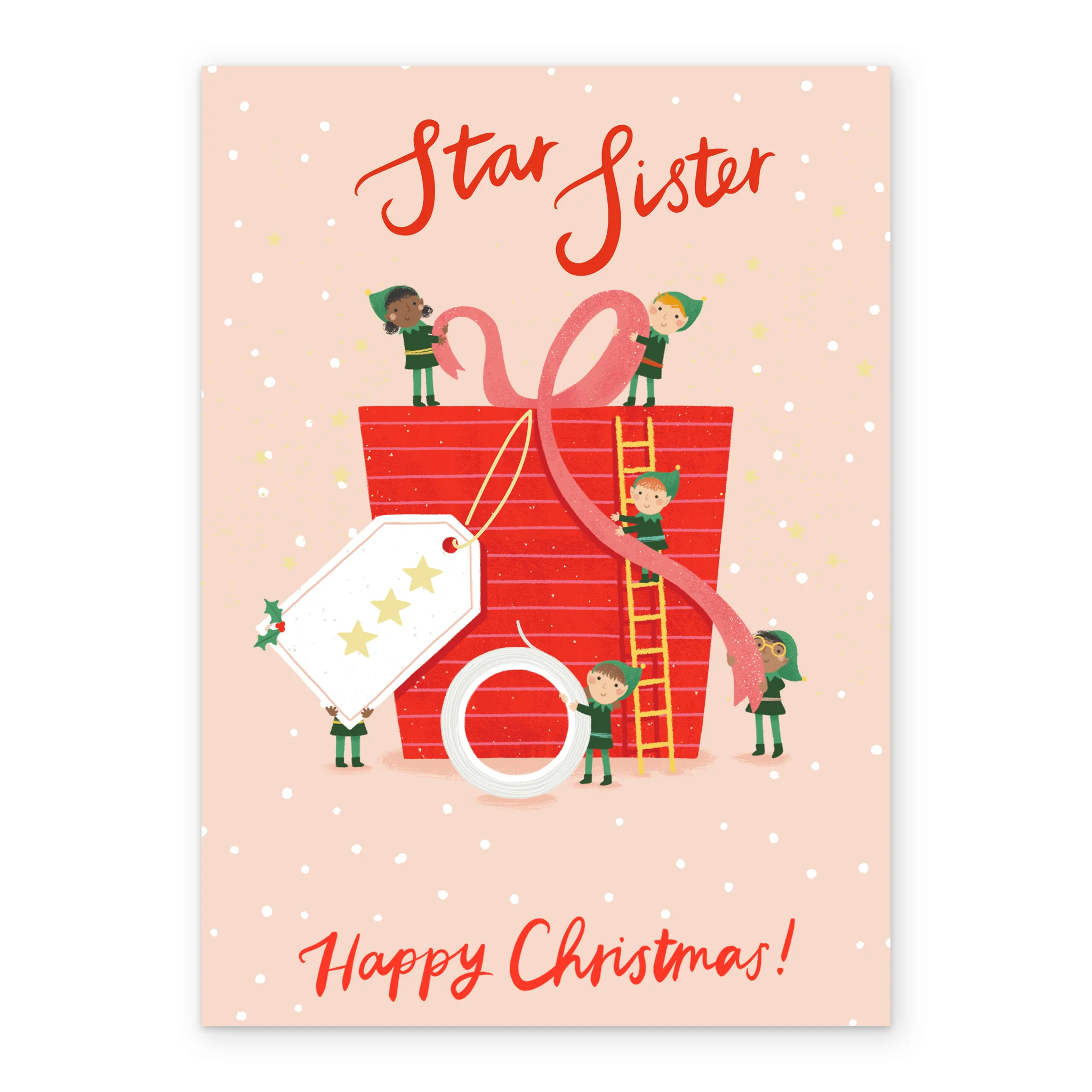 Personalised Cute Elves & Gift Christmas Card for Sister - Image 2