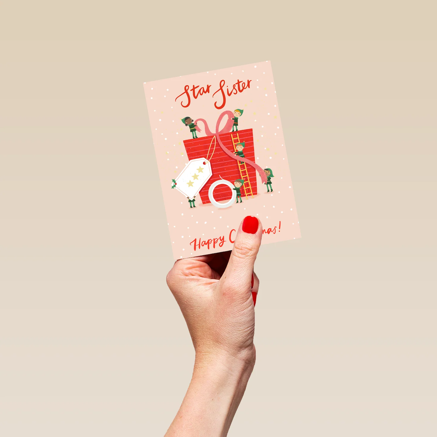 Personalised Cute Elves & Gift Christmas Card for Sister - Image 4