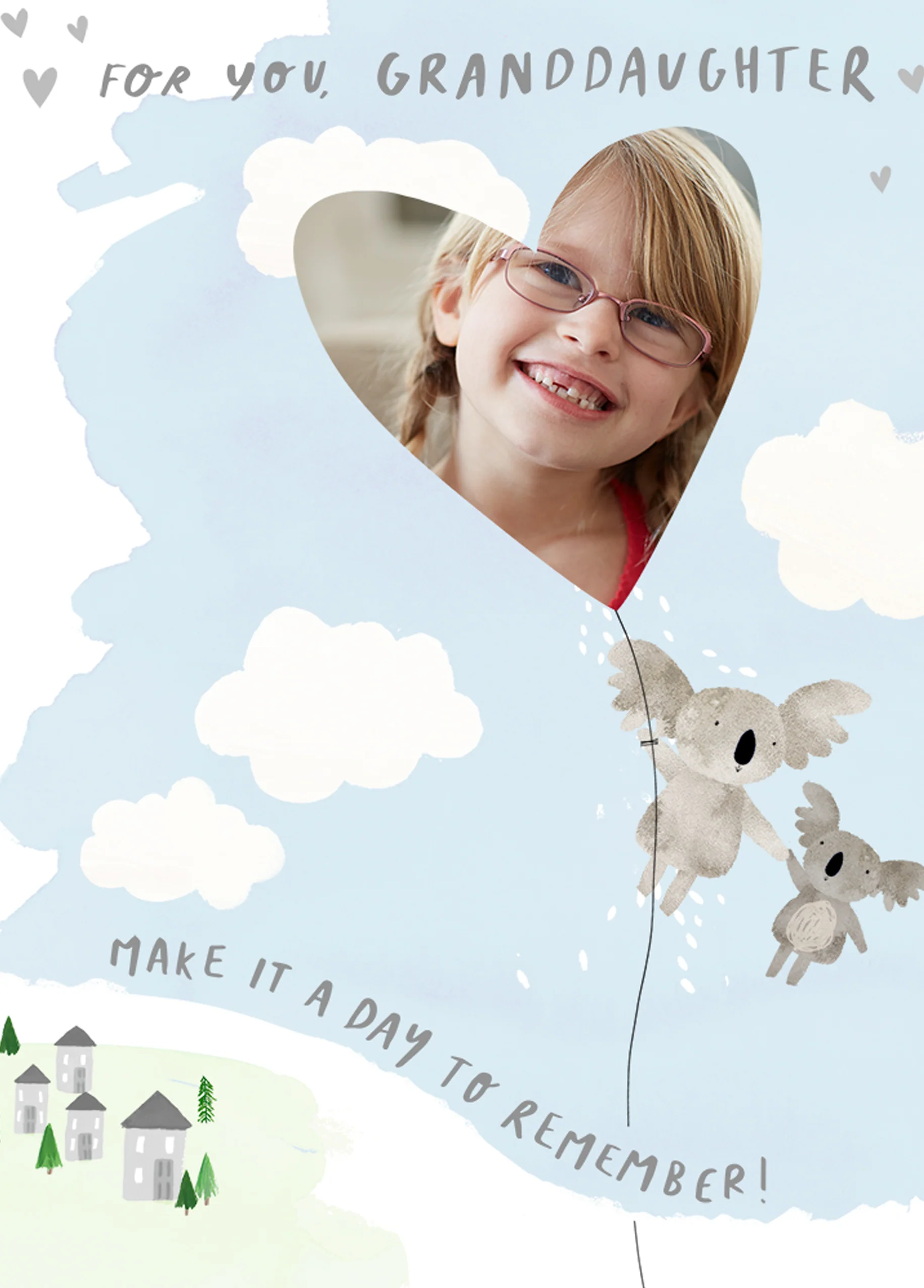 Personalised Cute Koalas And Balloon Photo Birthday Card For Granddaughter