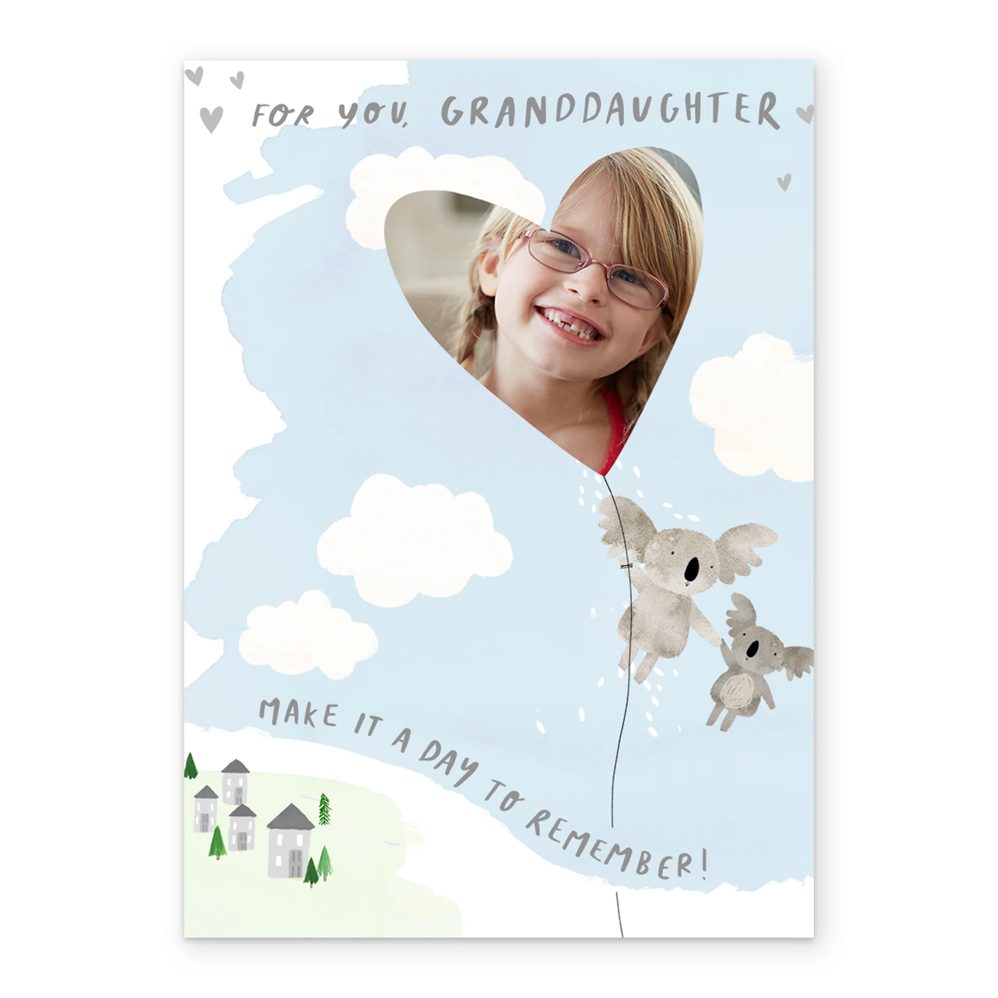 Personalised Cute Koalas And Balloon Photo Birthday Card For Granddaughter - Image 2