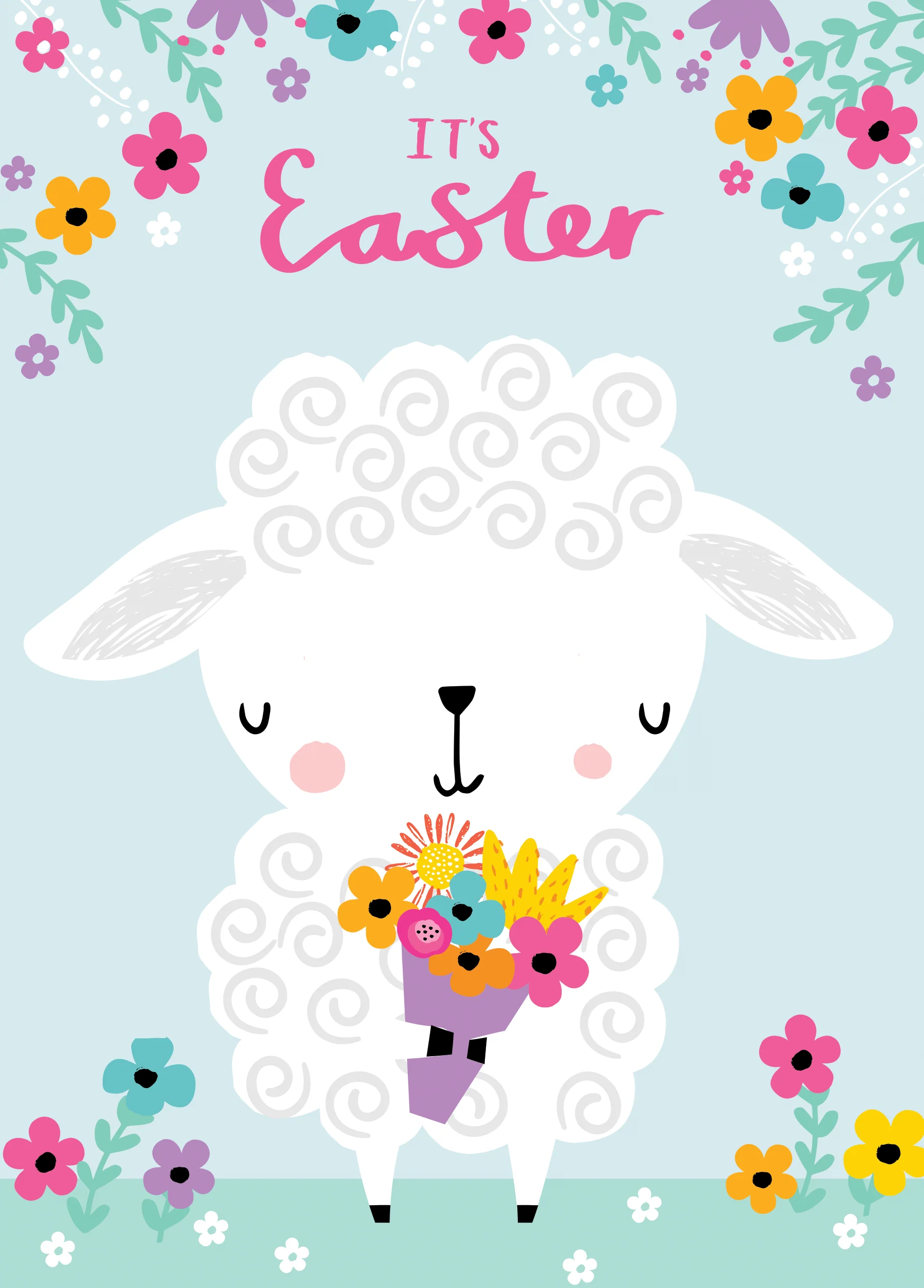 Personalised Cute Lamb With Flowers Easter Card