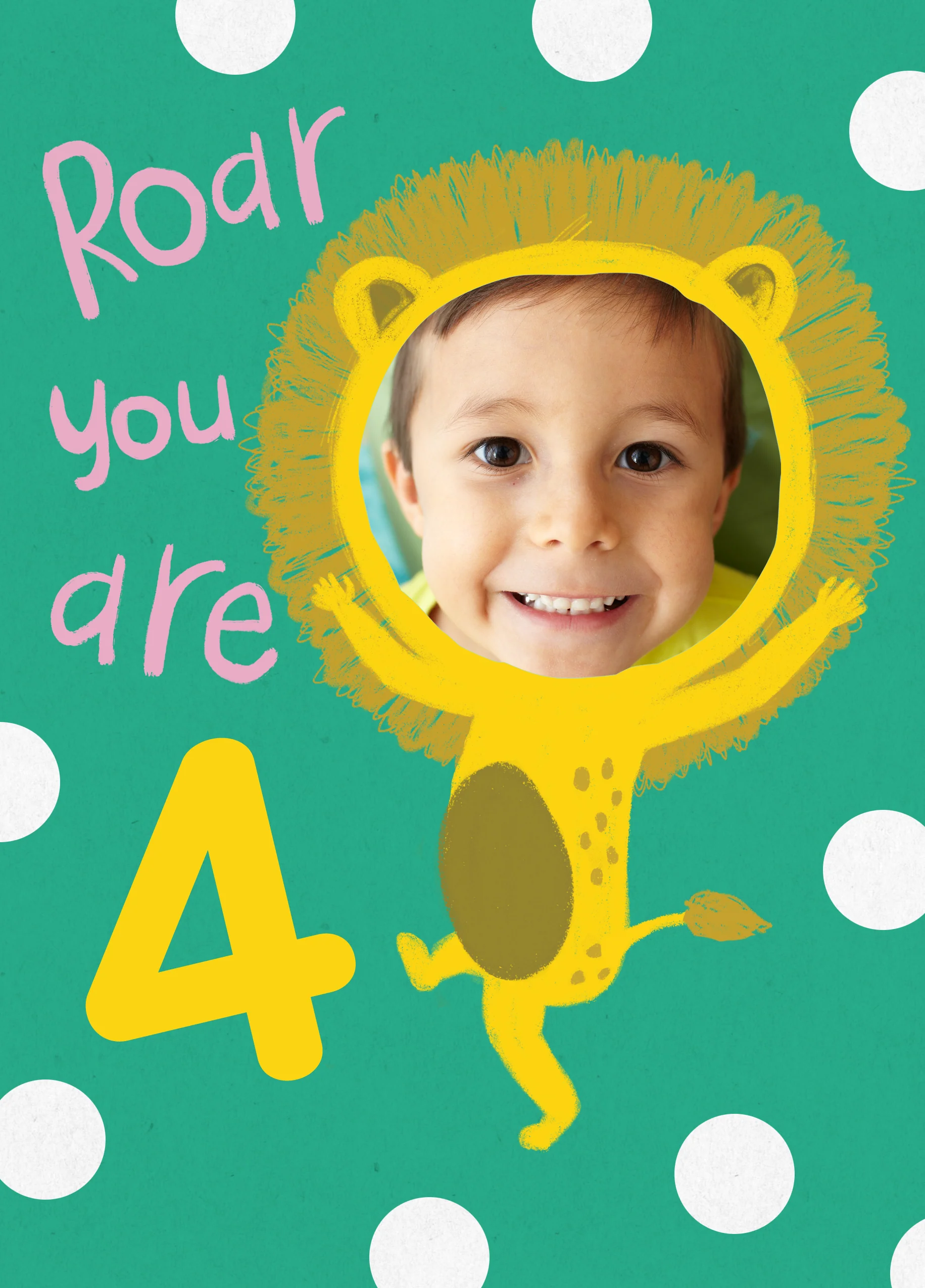 Personalised Cute Lion 4th Birthday Photo Upload Card