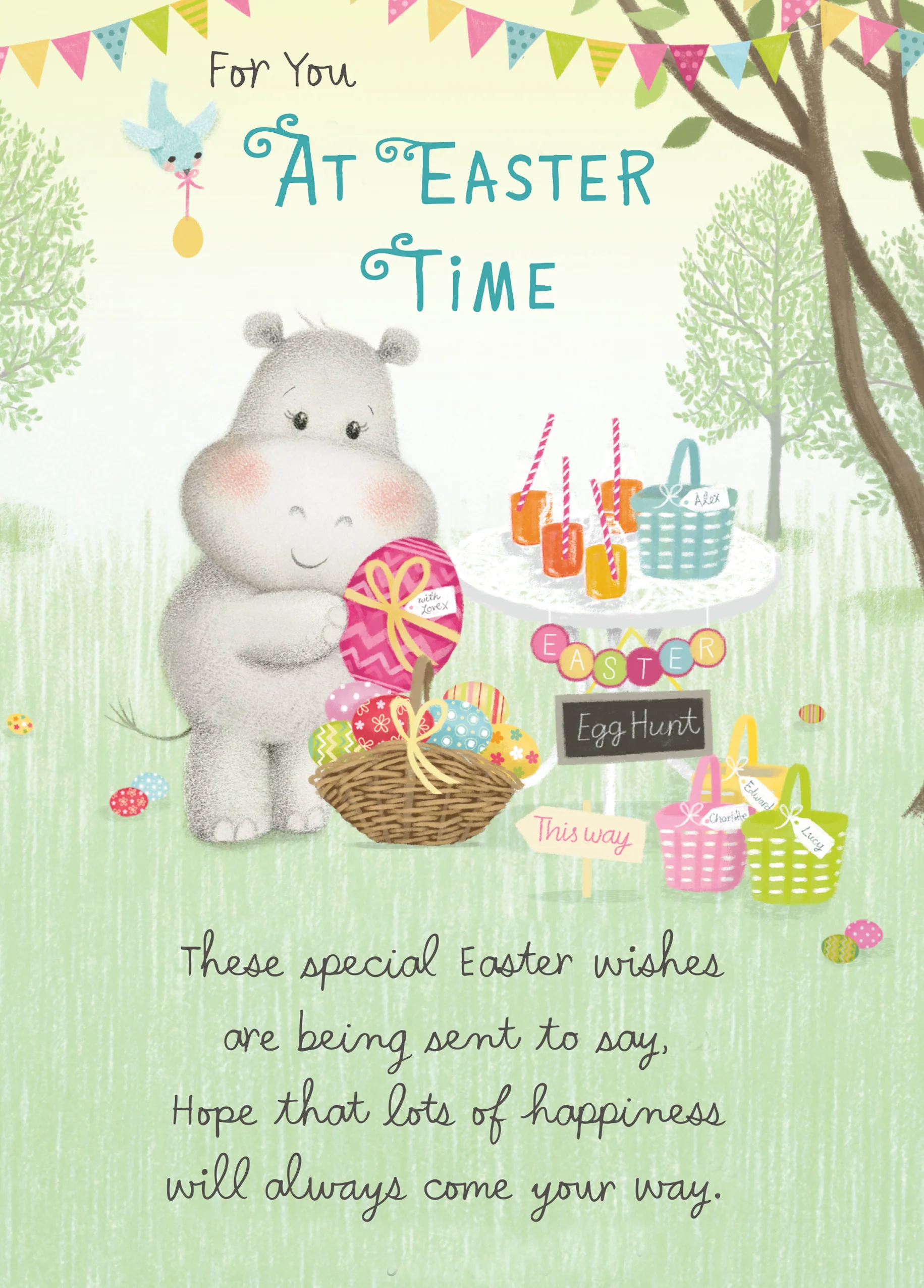 Personalised Cute Po And Birdie Egg Hunt Easter Card