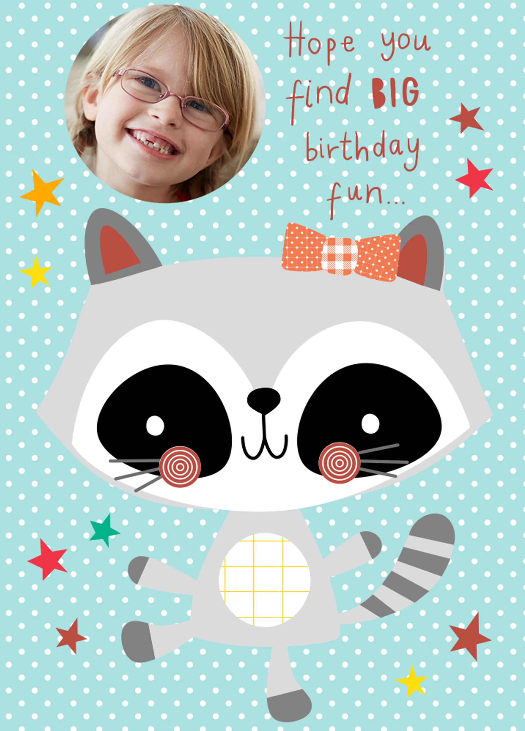 Personalised Cute Raccoon Birthday Girl Photo Card