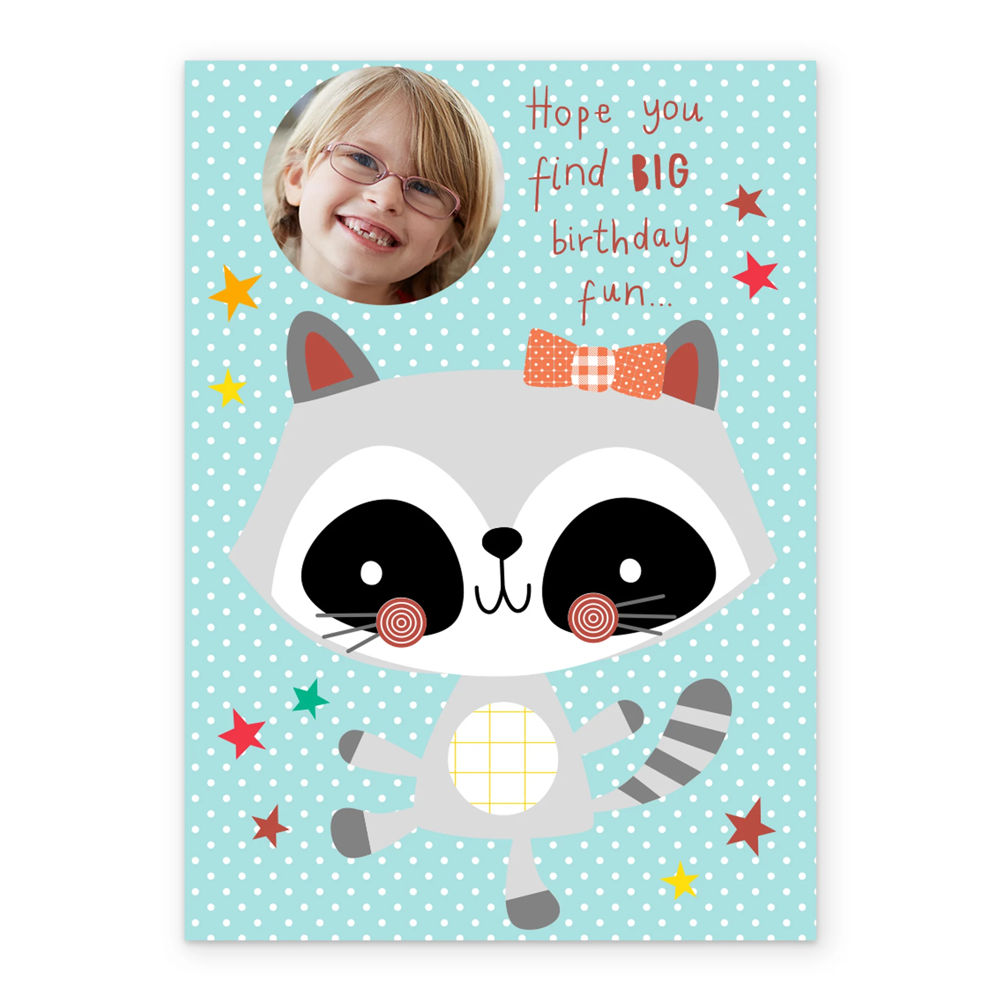 Personalised Cute Raccoon Birthday Girl Photo Card - Image 2