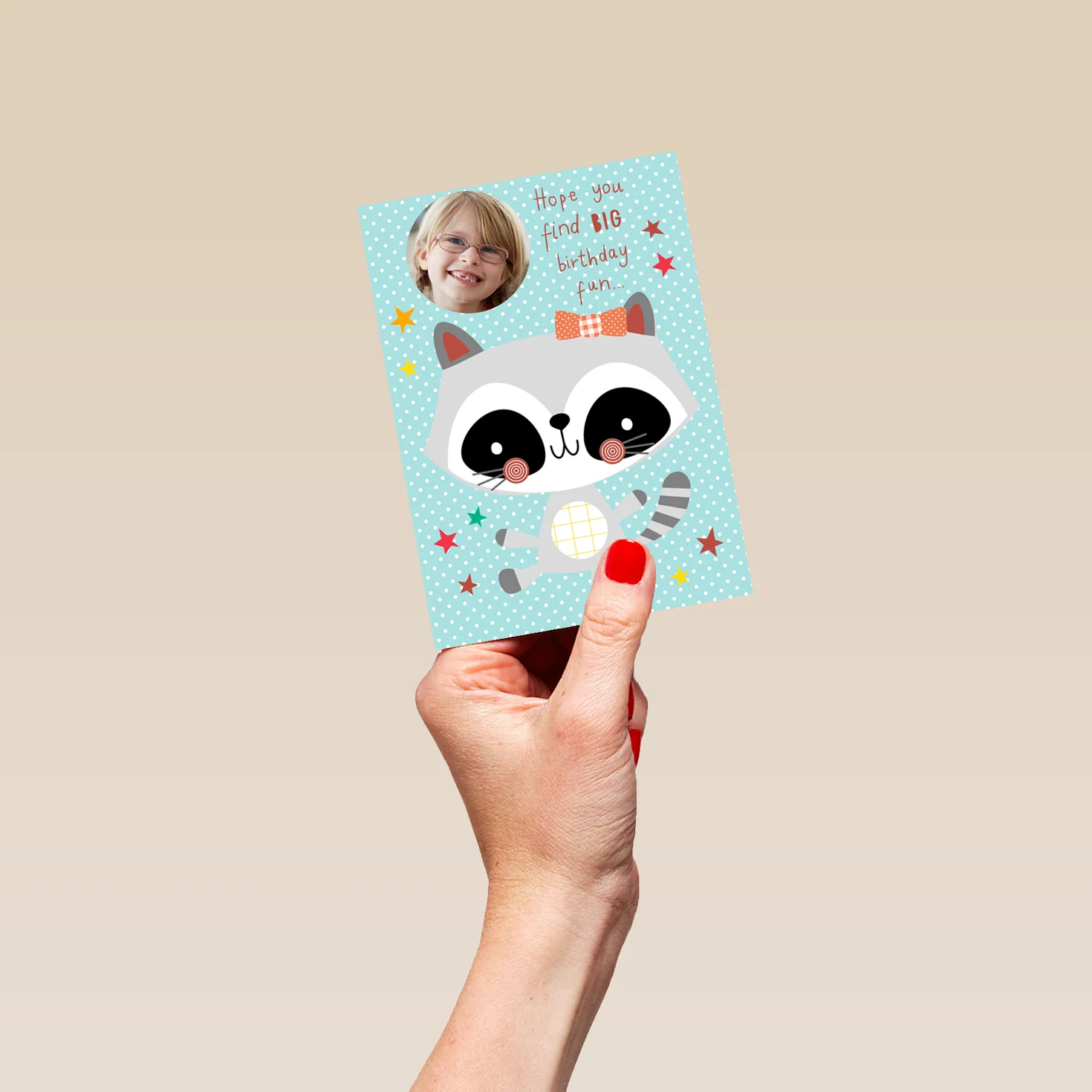 Personalised Cute Raccoon Birthday Girl Photo Card - Image 4