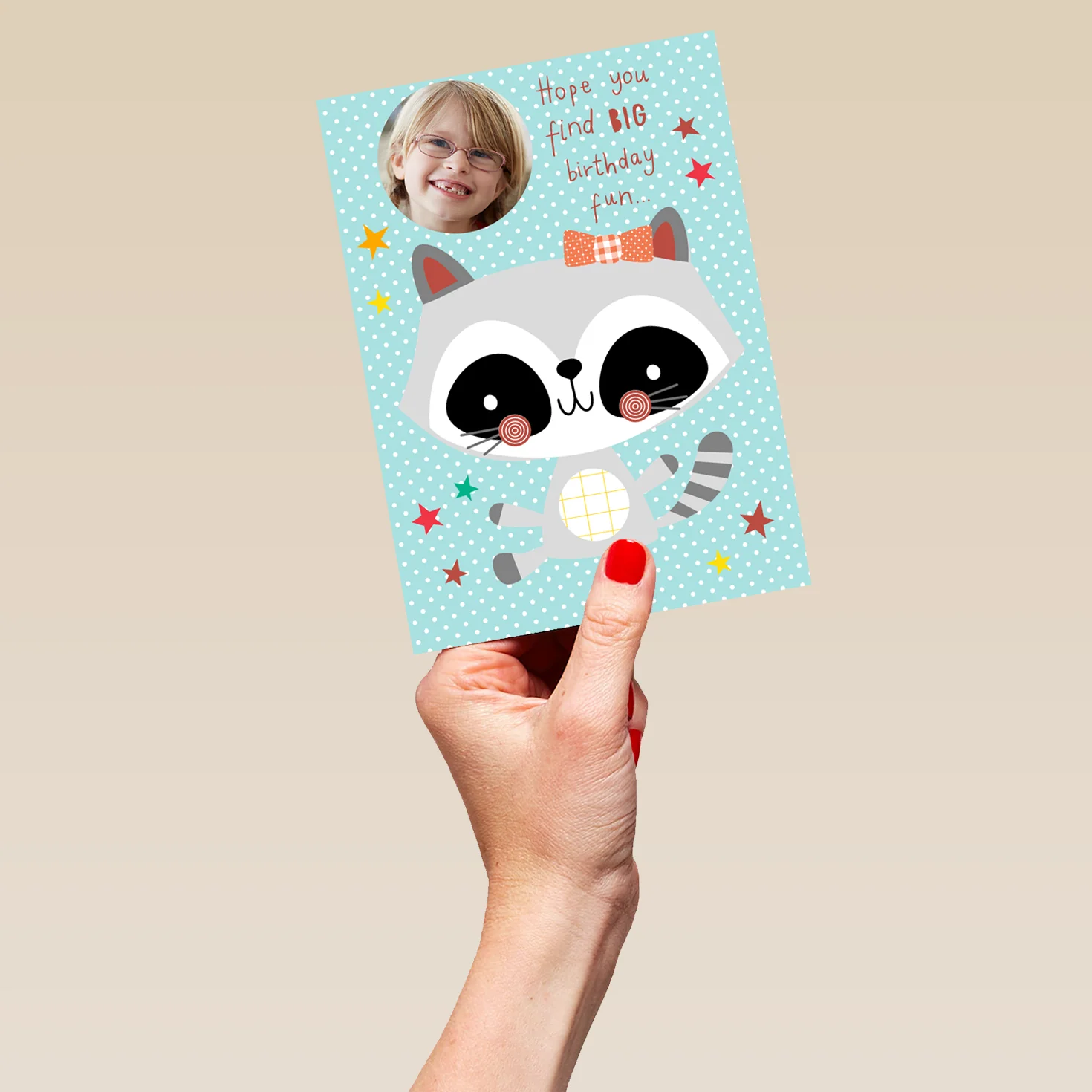 Personalised Cute Raccoon Birthday Girl Photo Card - Image 5