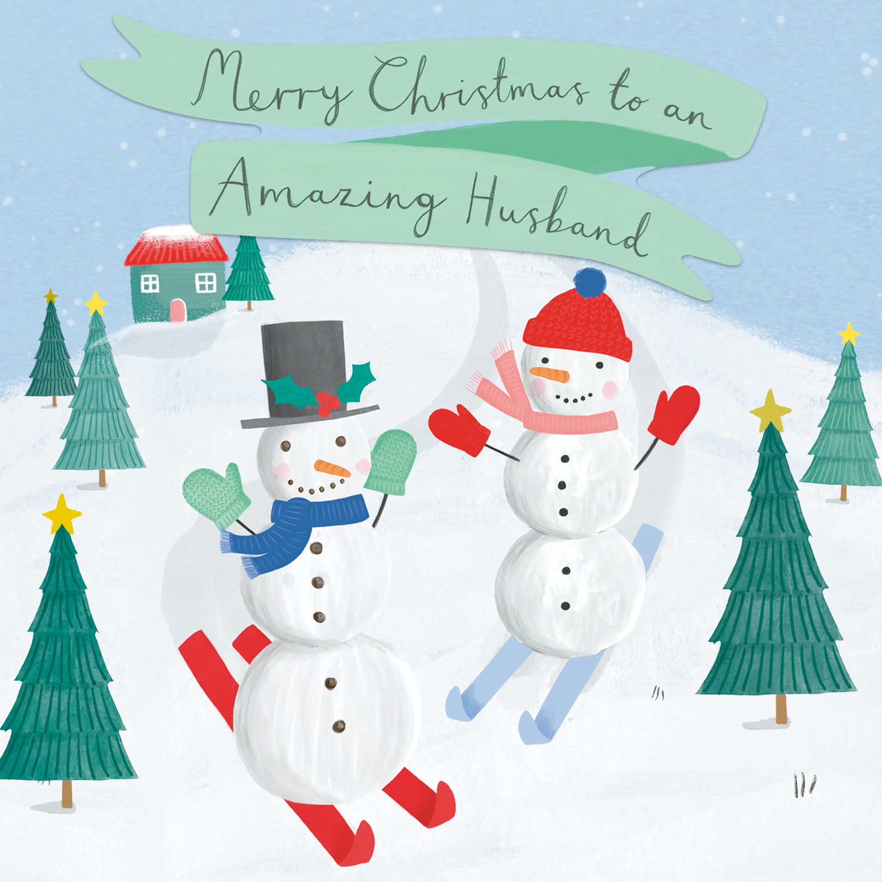 Personalised Cute Snowmen Skiing Christmas Card for Husband