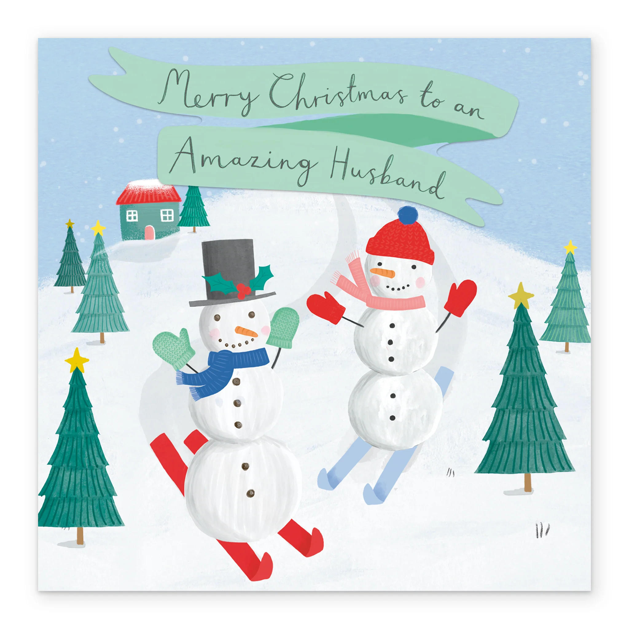 Personalised Cute Snowmen Skiing Christmas Card for Husband - Image 2