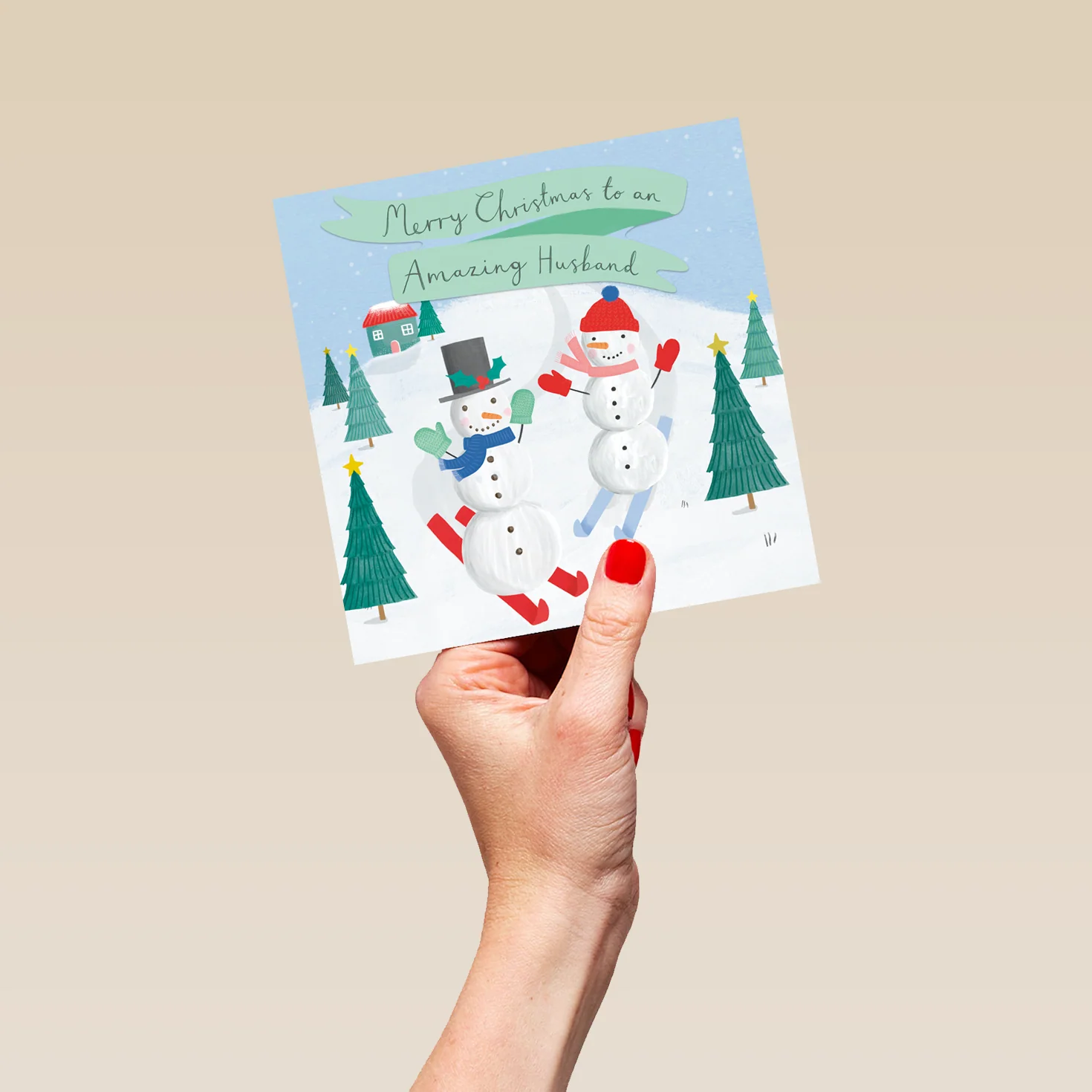 Personalised Cute Snowmen Skiing Christmas Card for Husband - Image 5