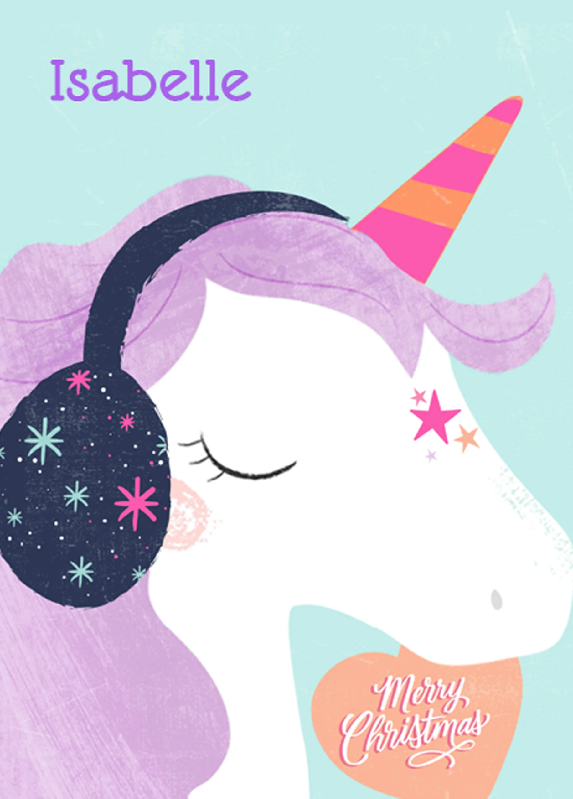 Personalised Cute Winter Unicorn Earmuffs Christmas Card