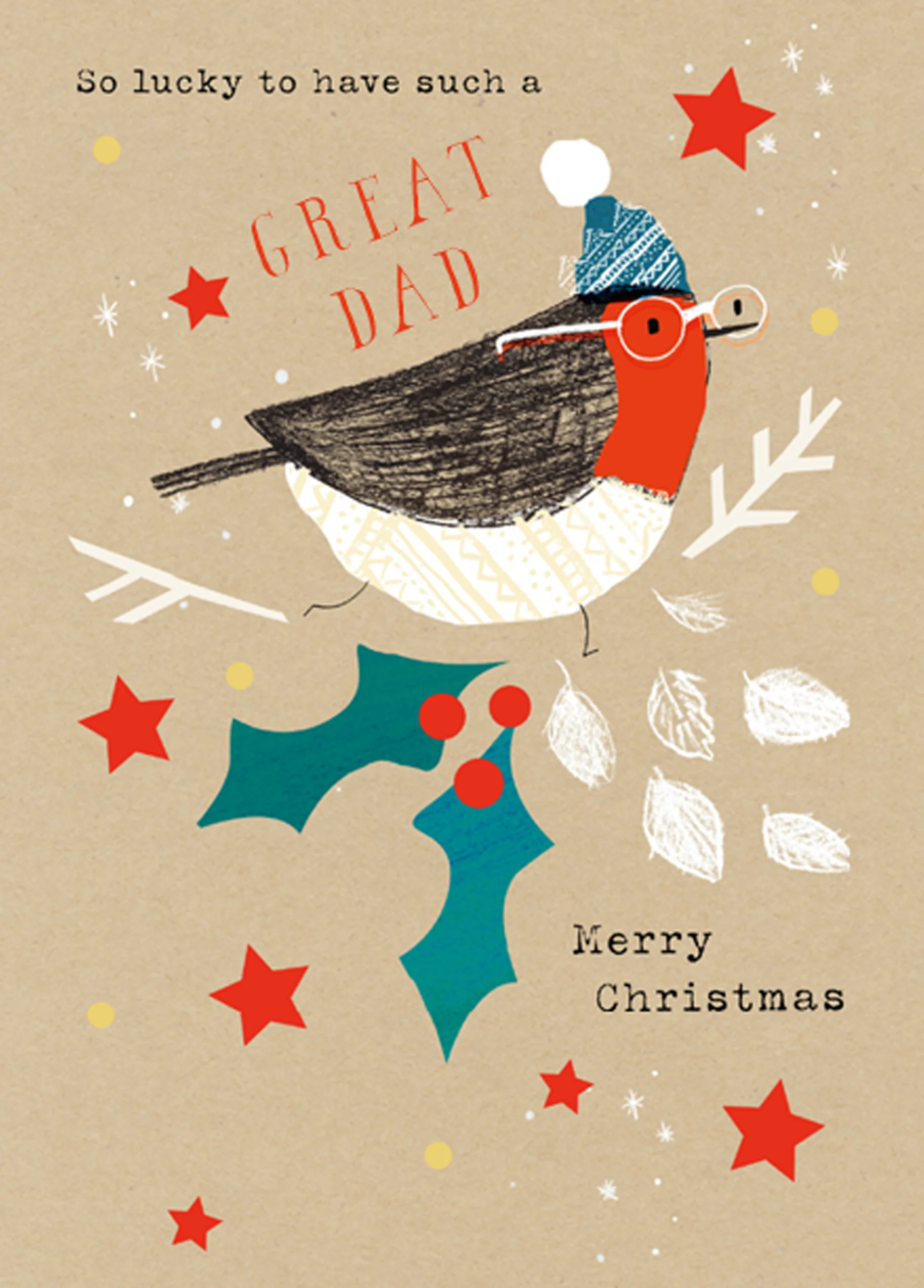 Personalised Dad Classic Robin Holly & Stars Christmas Card
