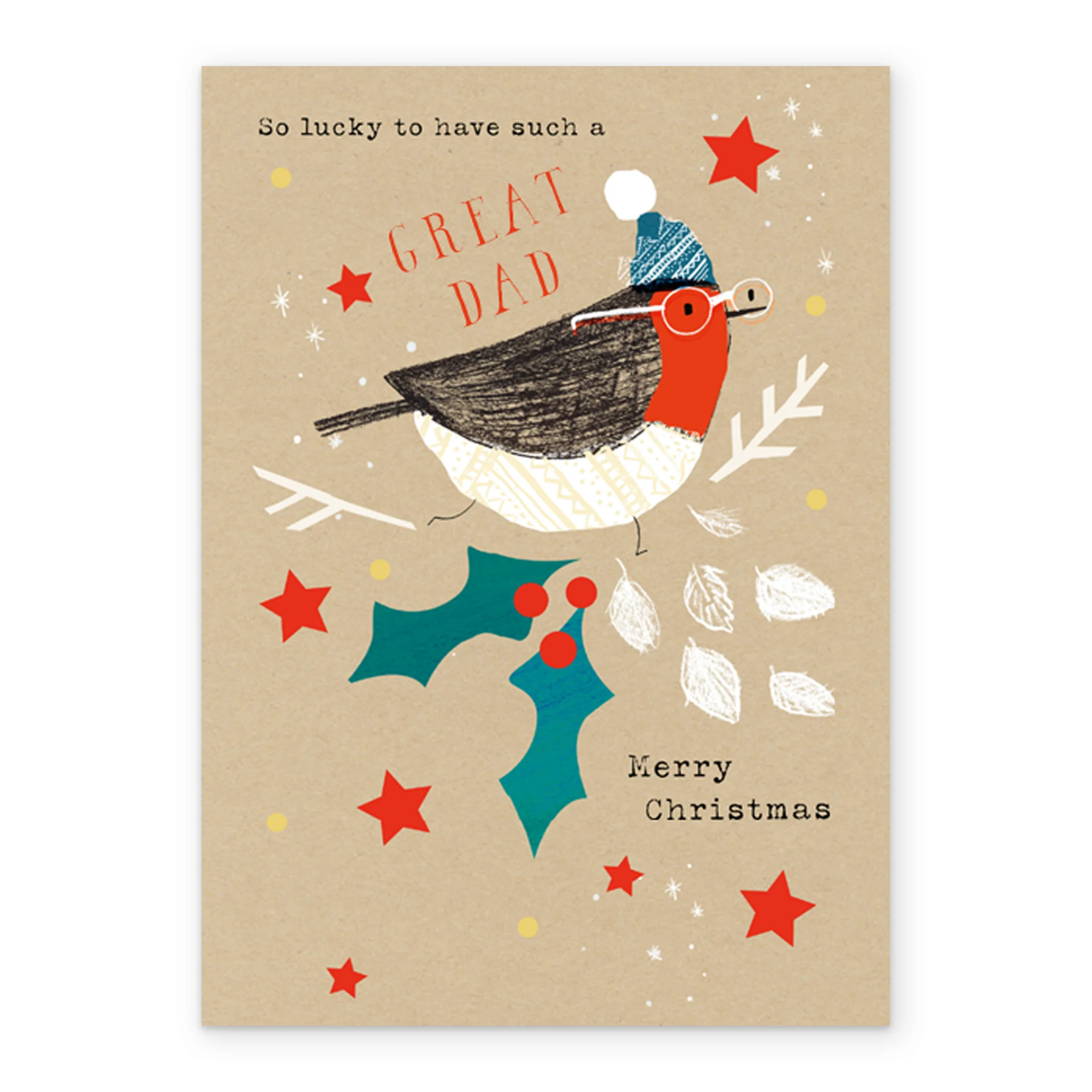 Personalised Dad Classic Robin Holly & Stars Christmas Card - Image 2