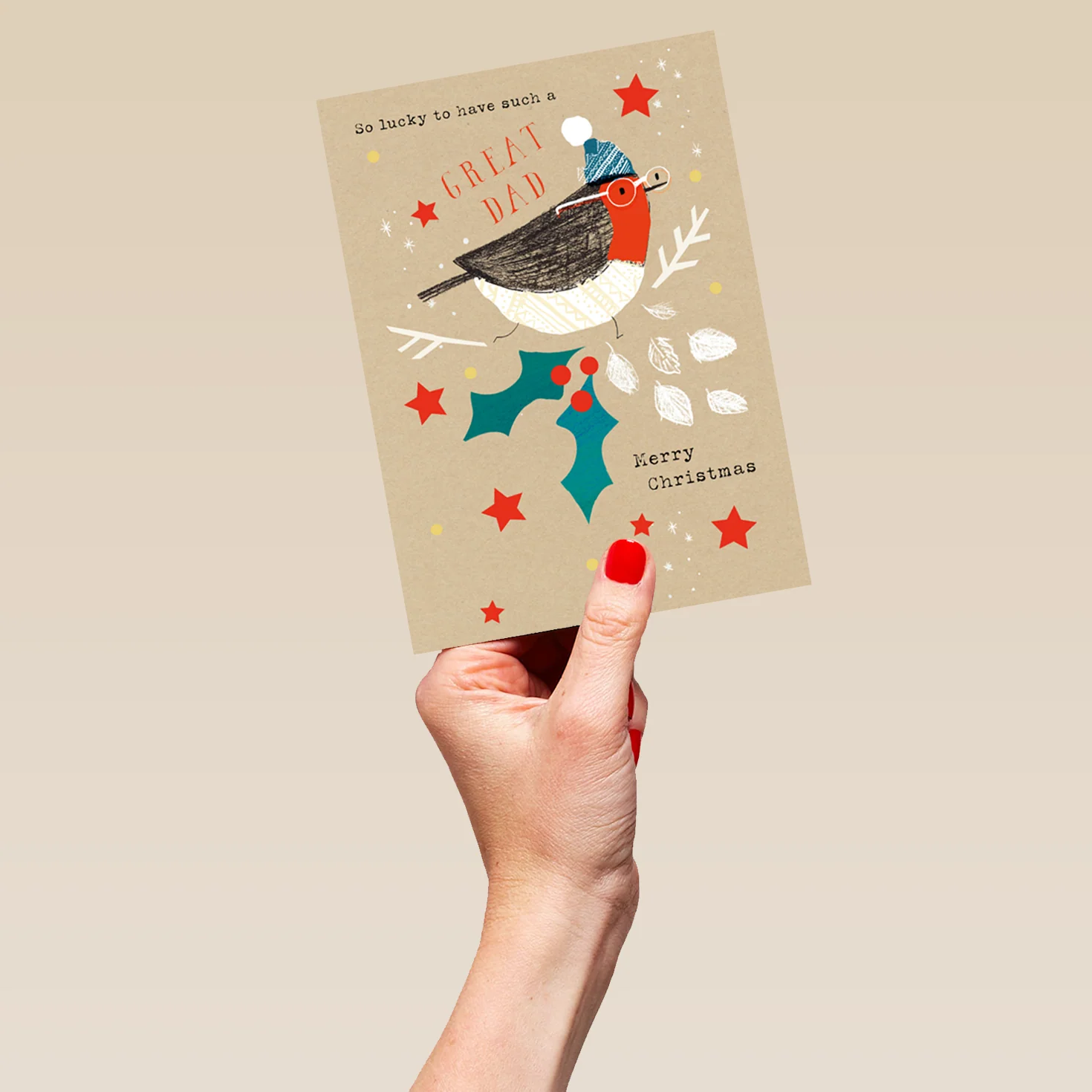 Personalised Dad Classic Robin Holly & Stars Christmas Card - Image 5