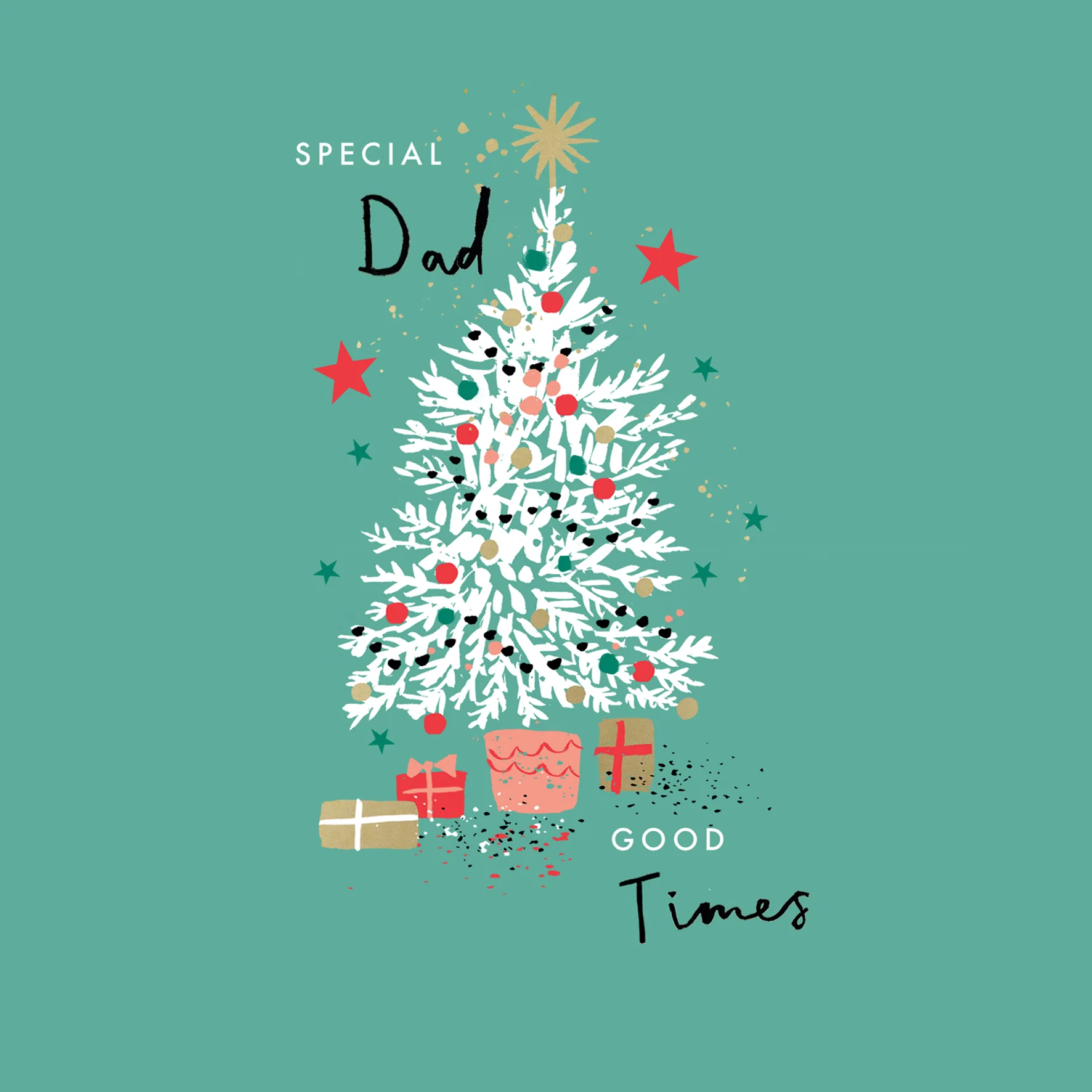 Personalised Dad Illustrated Tree And Gifts Christmas Card