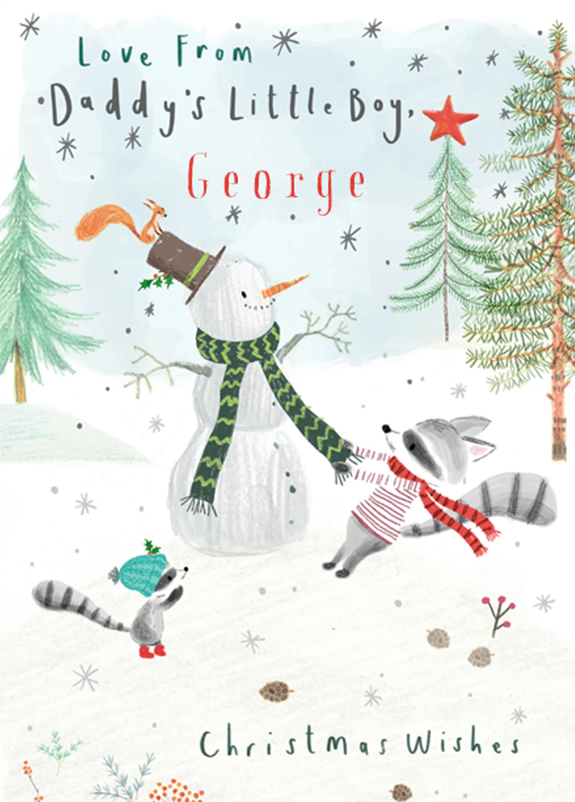 Personalised Daddy From Little Boy Cute Snowman Raccoons Christmas Card