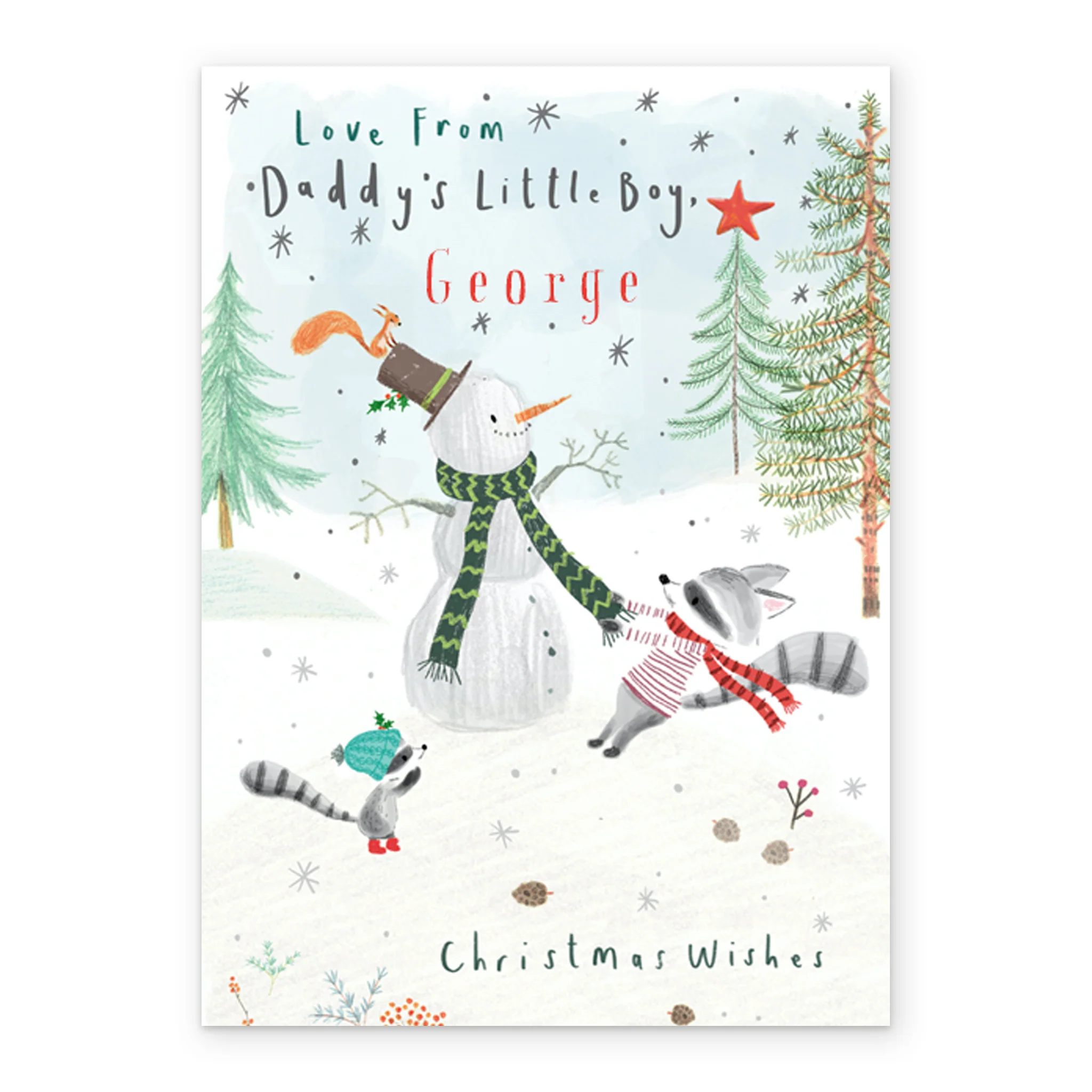 Personalised Daddy From Little Boy Cute Snowman Raccoons Christmas Card - Image 2