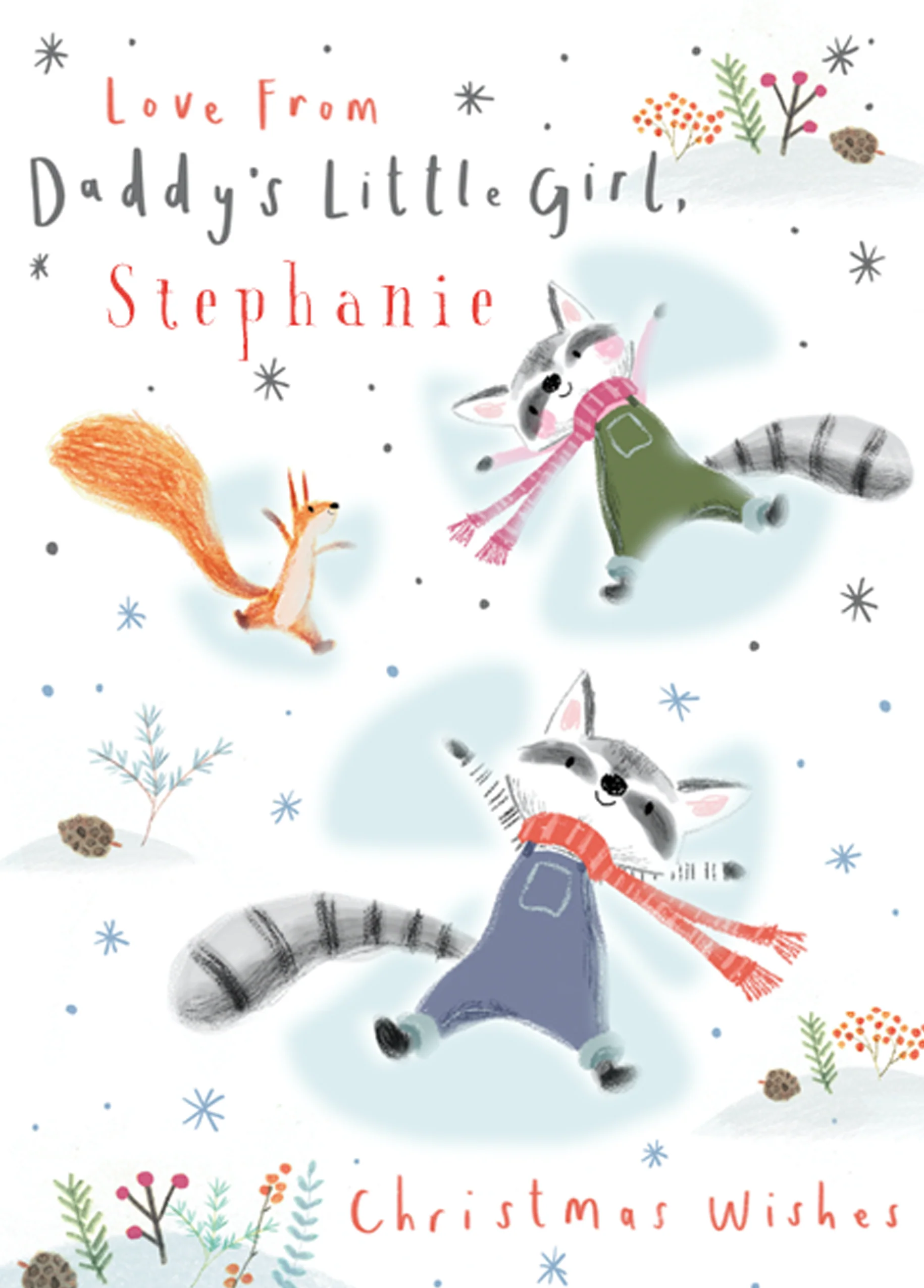 Personalised Daddy From Little Girl Snow Angel Raccoons Christmas Card