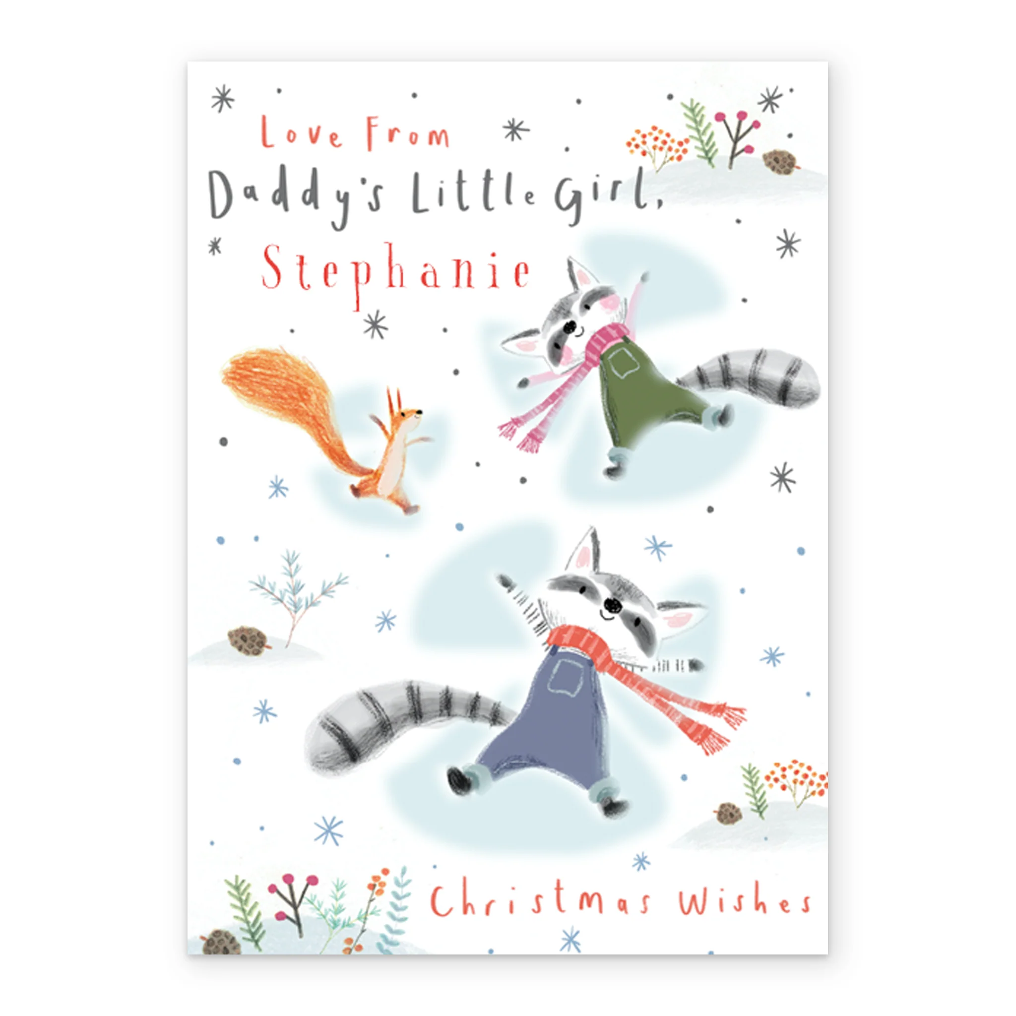 Personalised Daddy From Little Girl Snow Angel Raccoons Christmas Card - Image 2