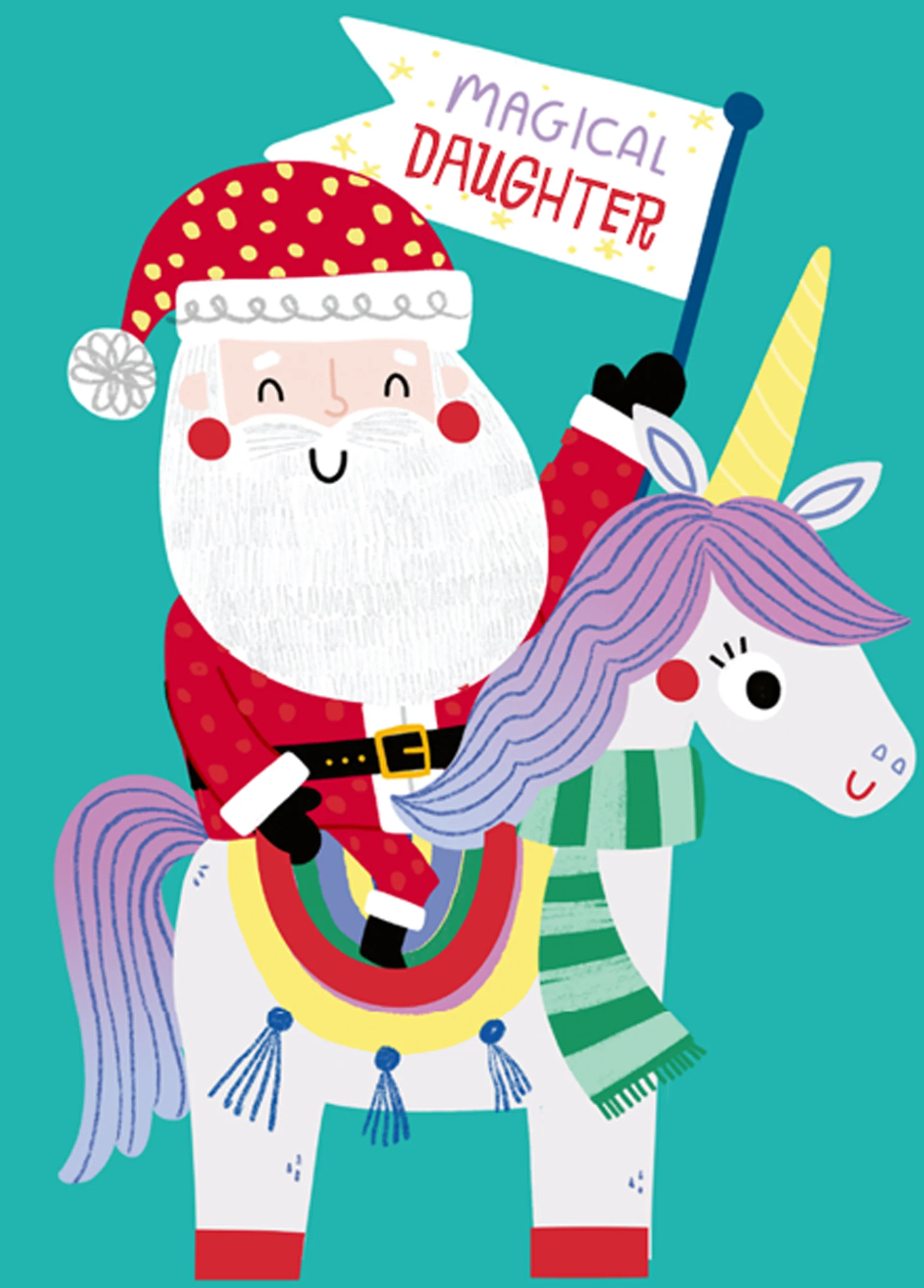 Personalised Daughter Santa And Unicorn Christmas Card
