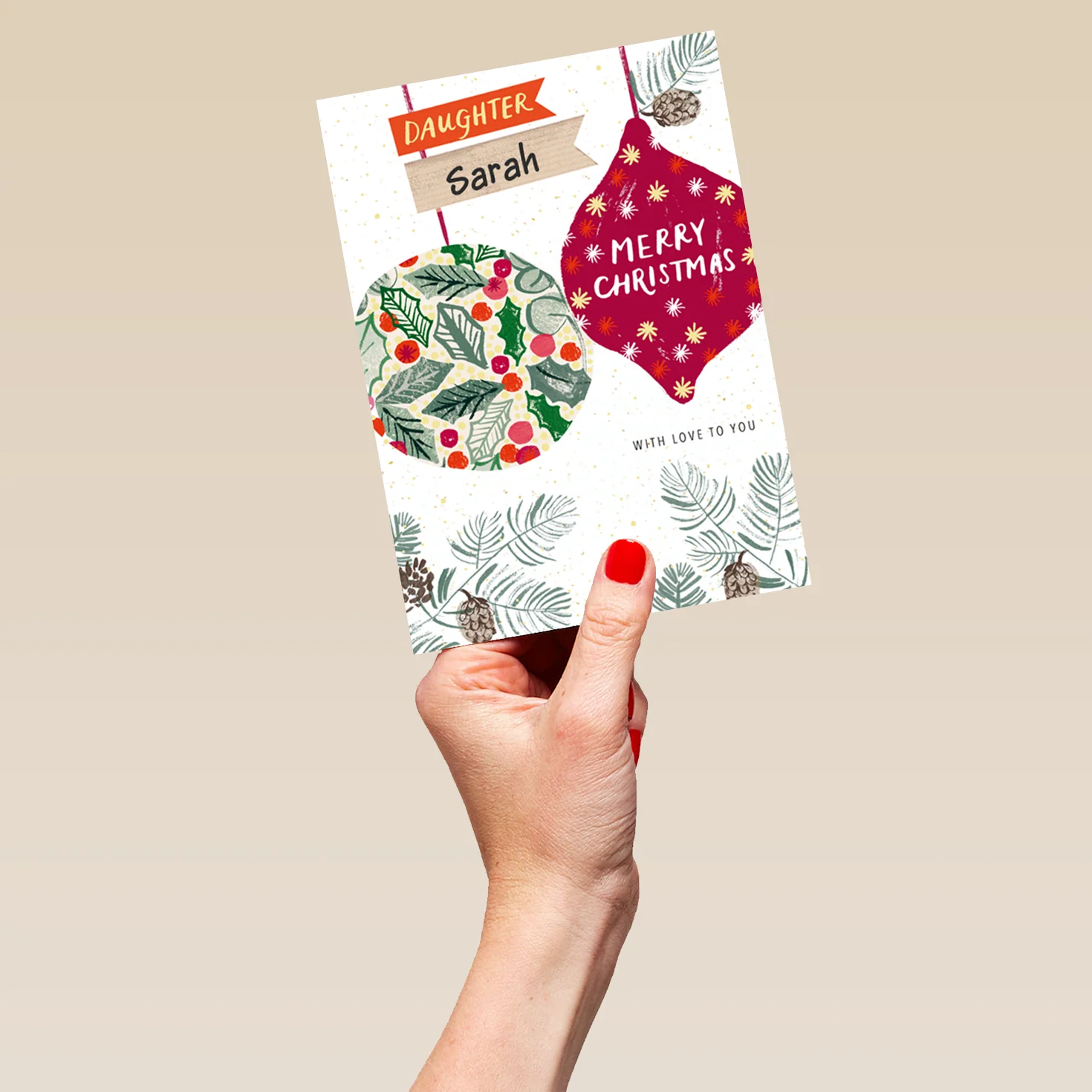 Personalised Daughter Traditional Holly & Baubles Christmas Card - Image 5