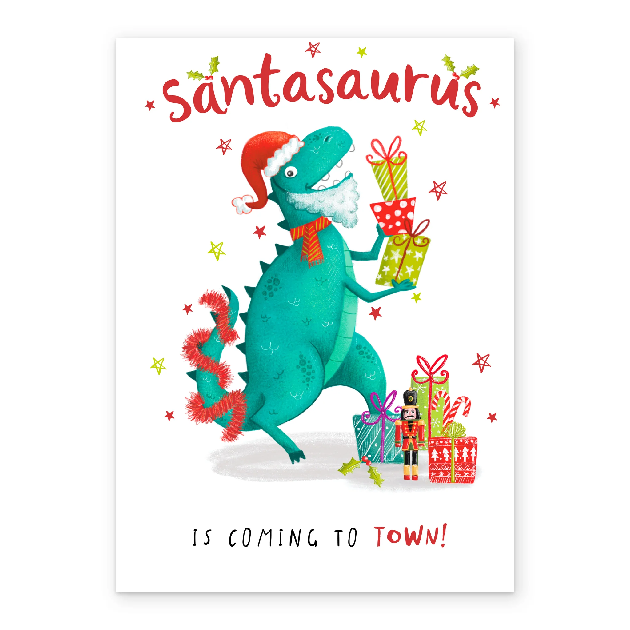 Personalised Dinosaur Santa Is Coming To Town Christmas Card - Image 2