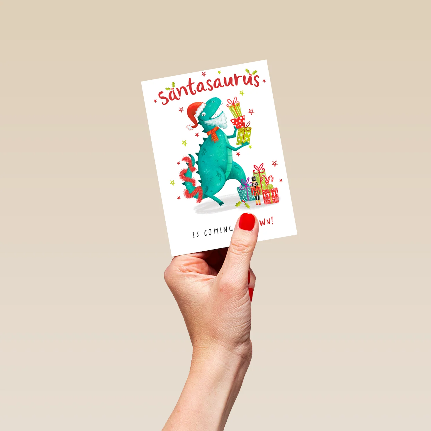Personalised Dinosaur Santa Is Coming To Town Christmas Card - Image 4