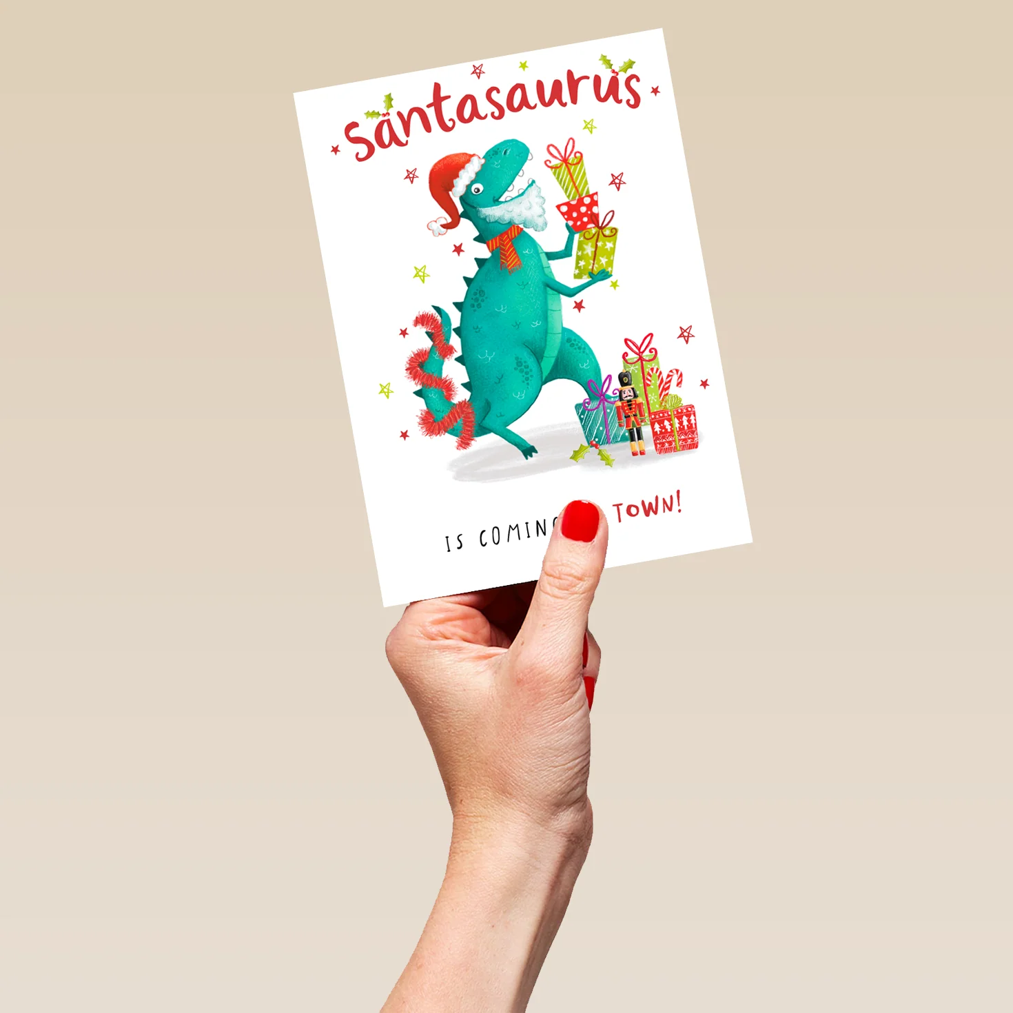 Personalised Dinosaur Santa Is Coming To Town Christmas Card - Image 5