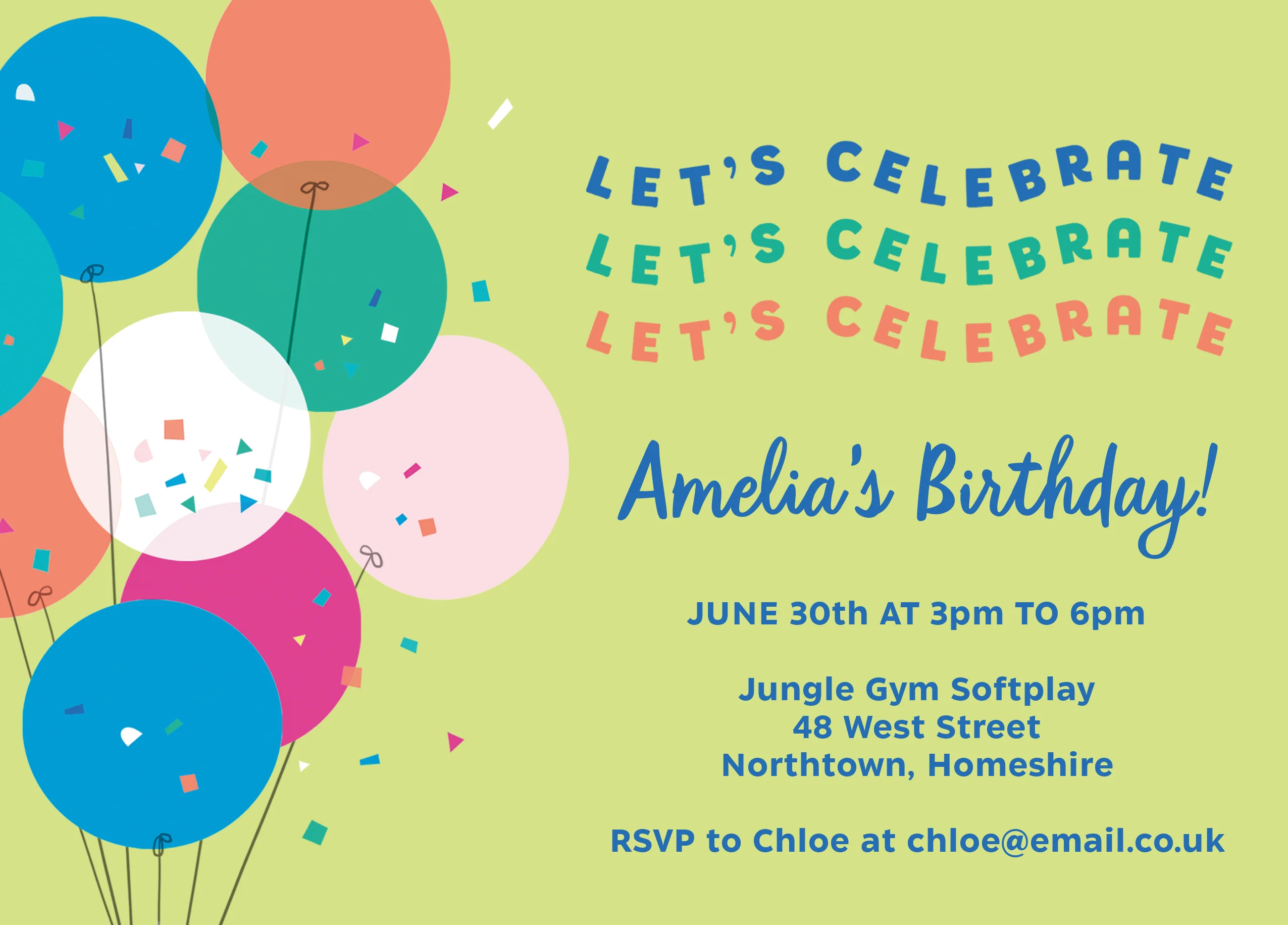 Personalised Editable Balloons & Confetti Birthday Invitation