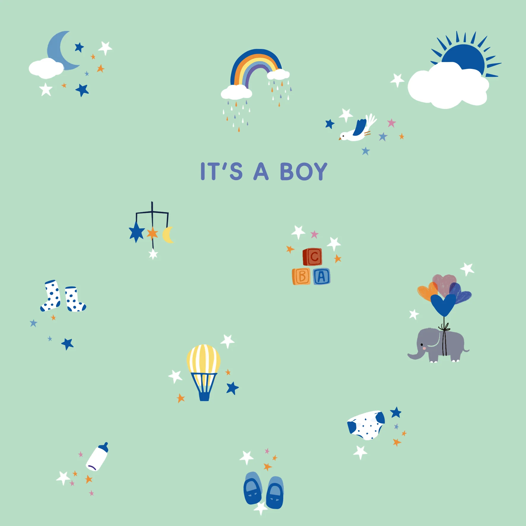 Personalised Editable Blue Cute Icons New Baby Boy Card