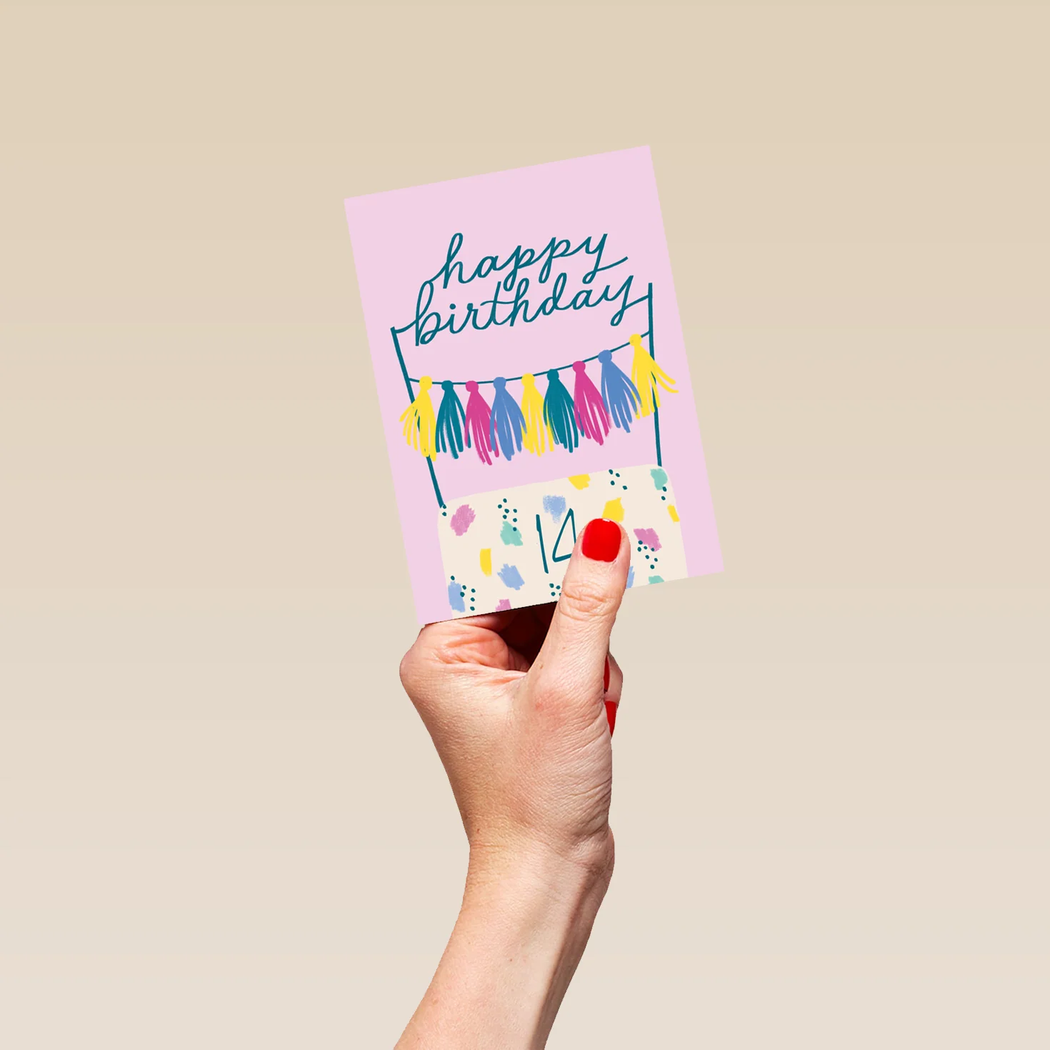 Personalised Editable Cake & Tassels 14th Birthday Card - Image 4