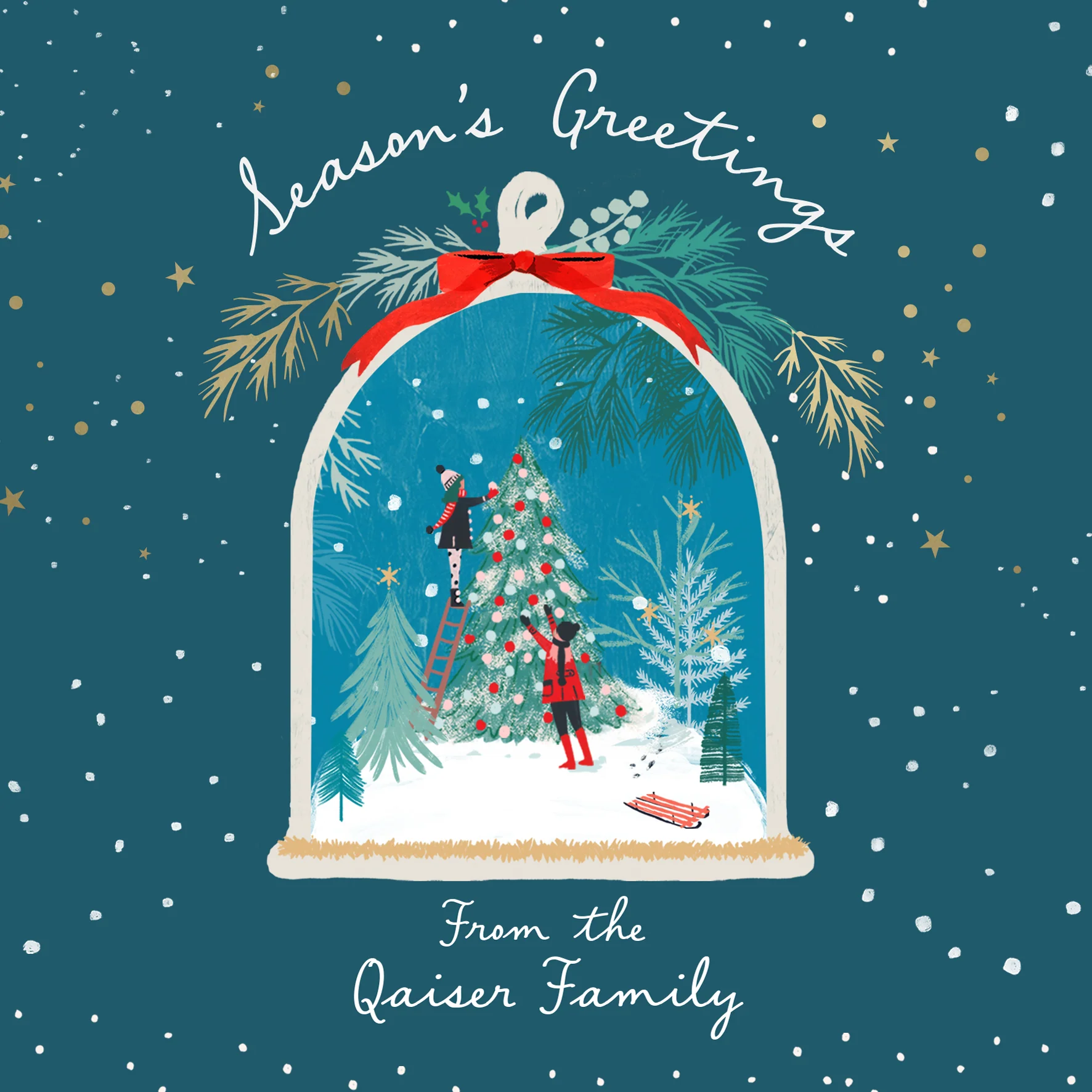 Personalised Editable Christmas Card Snowglobe Scene from Family