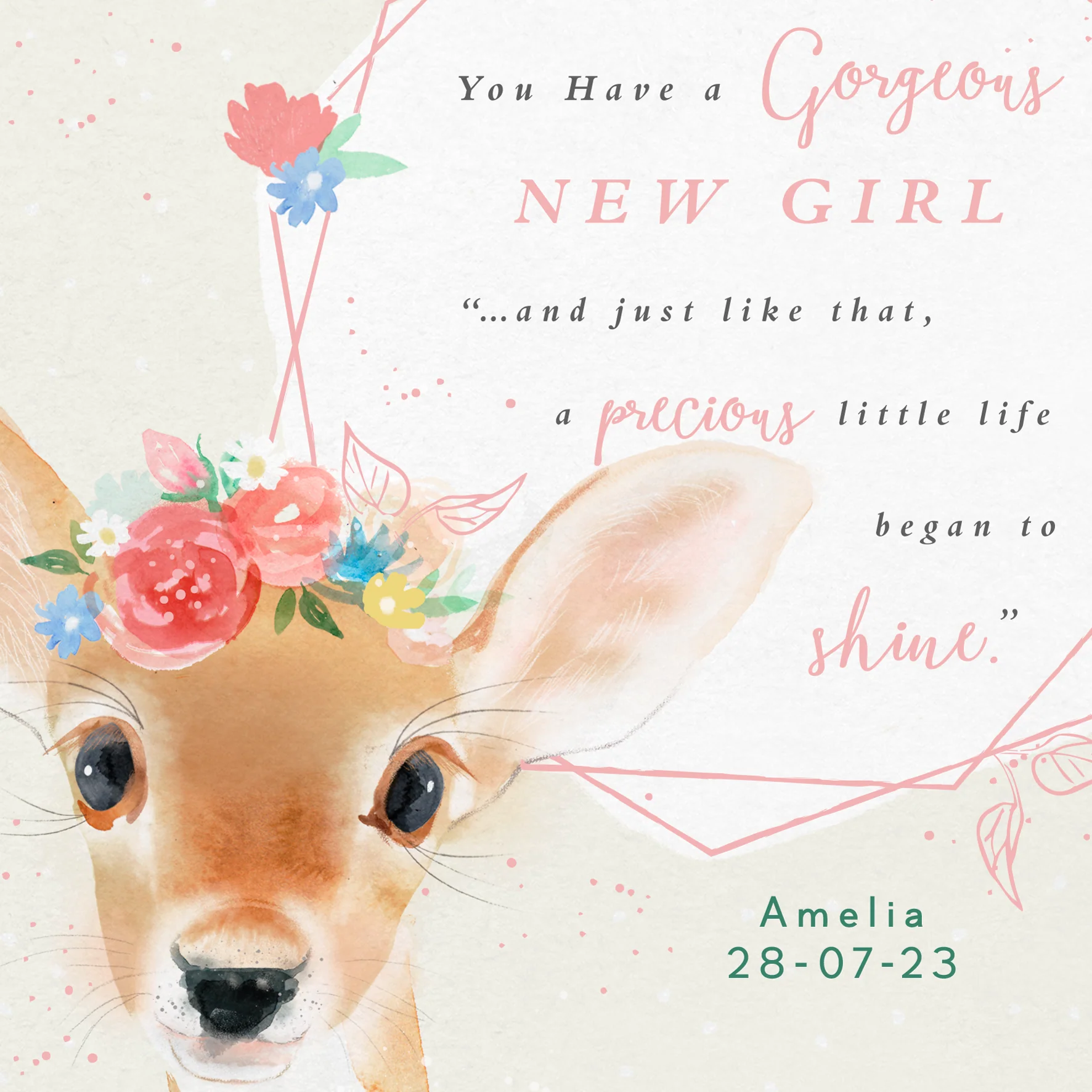 Personalised & Editable Floral Fawn New Baby Girl Card