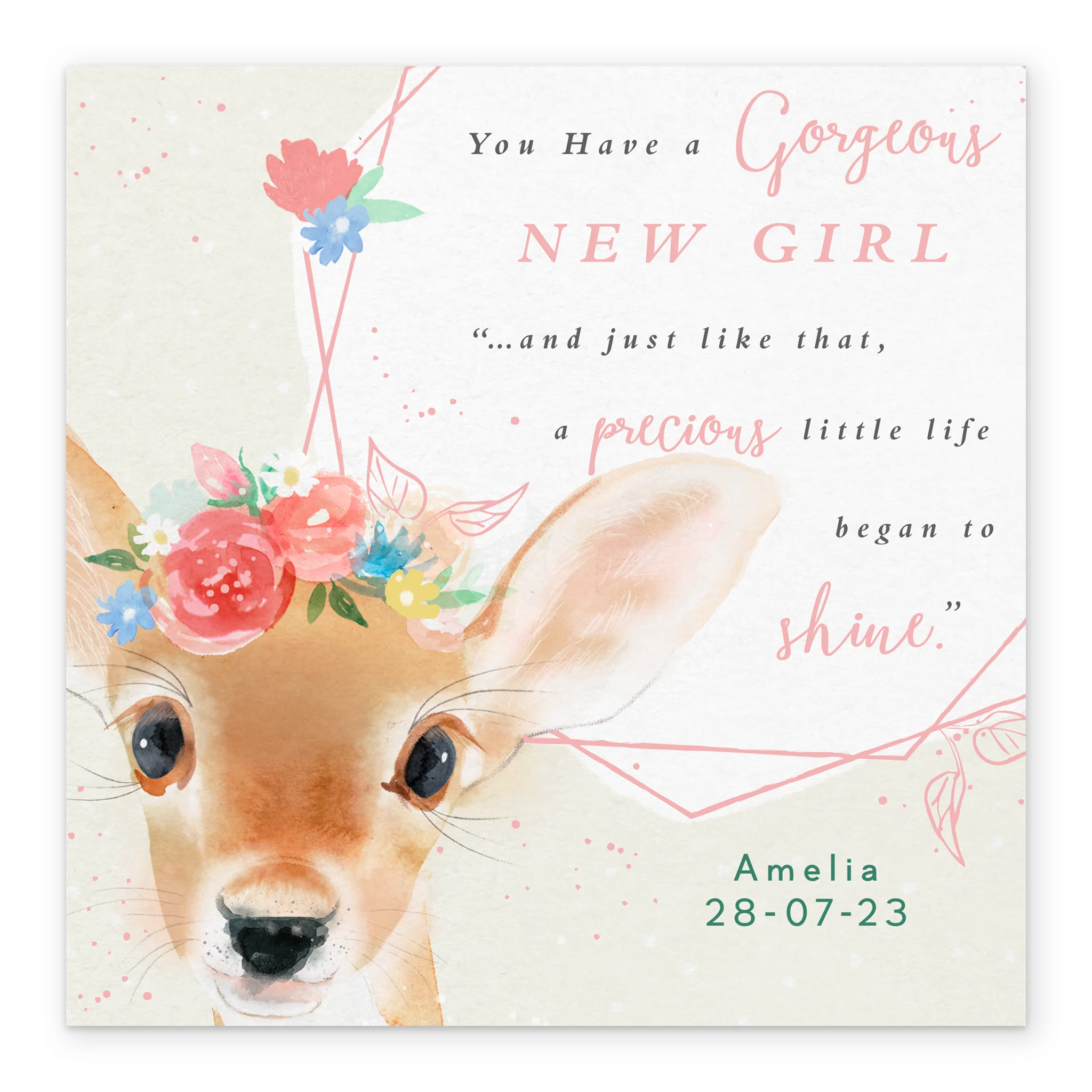 Personalised & Editable Floral Fawn New Baby Girl Card - Image 2