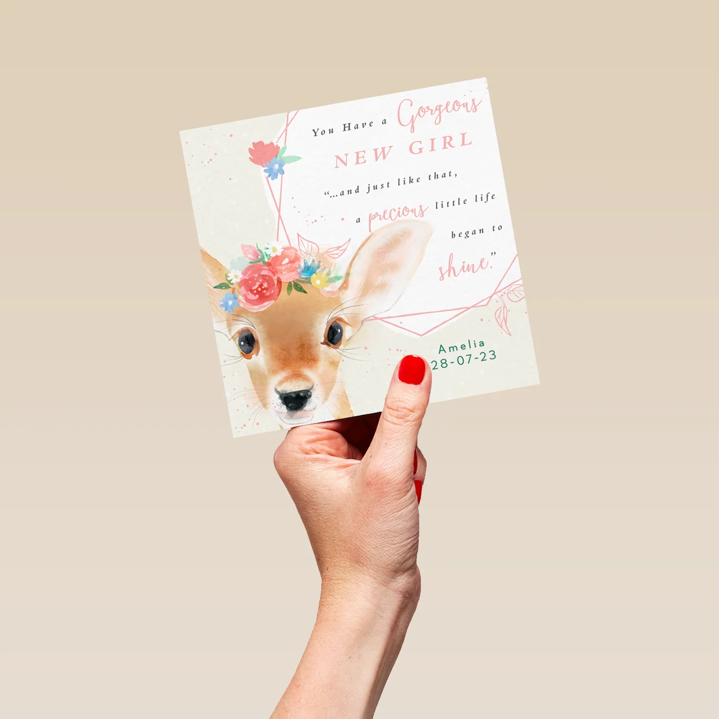 Personalised & Editable Floral Fawn New Baby Girl Card - Image 5