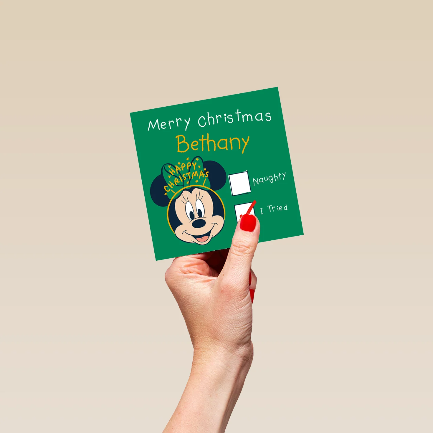 Personalised Editable Minnie Mouse & Festive Headband Christmas Card - Image 4