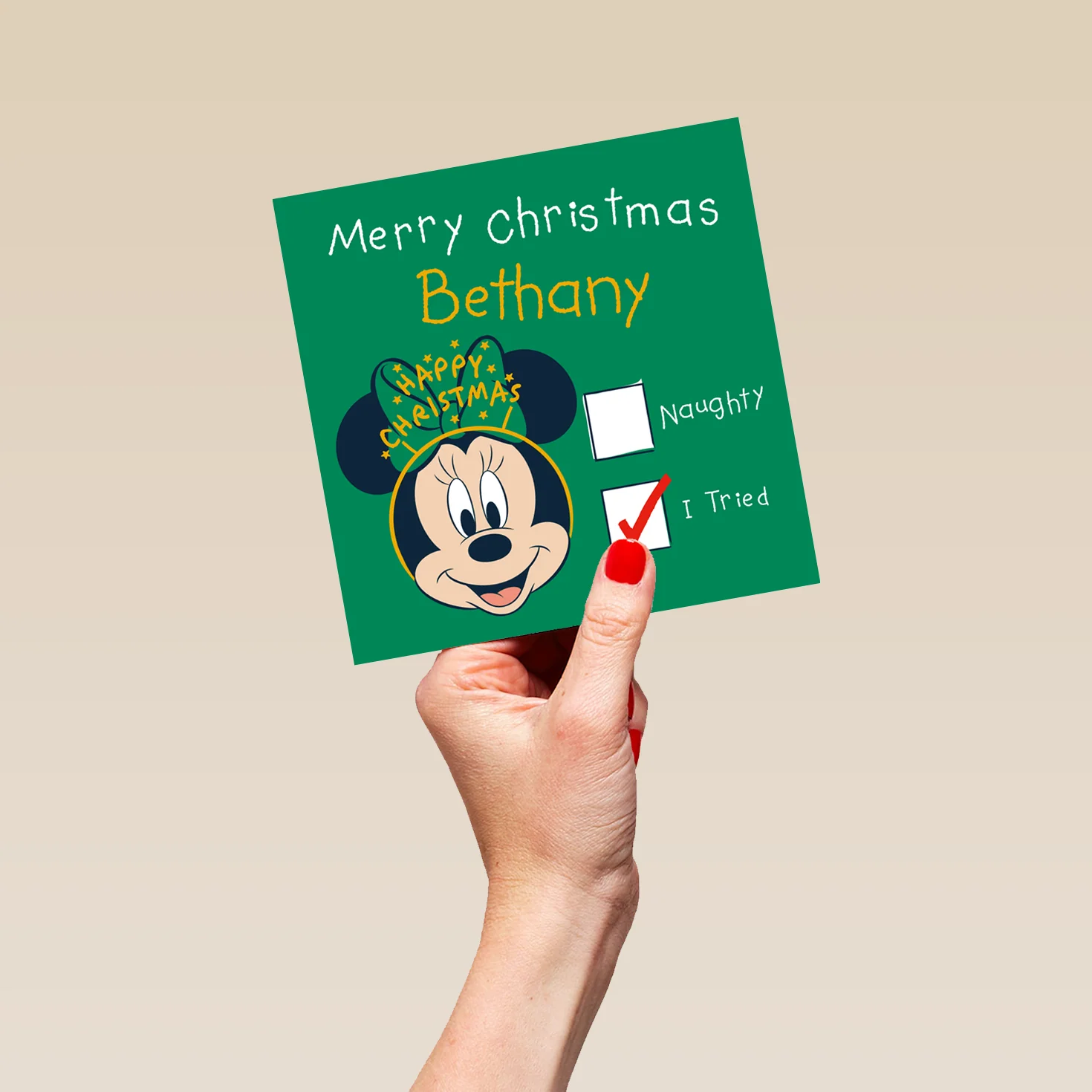 Personalised Editable Minnie Mouse & Festive Headband Christmas Card - Image 5