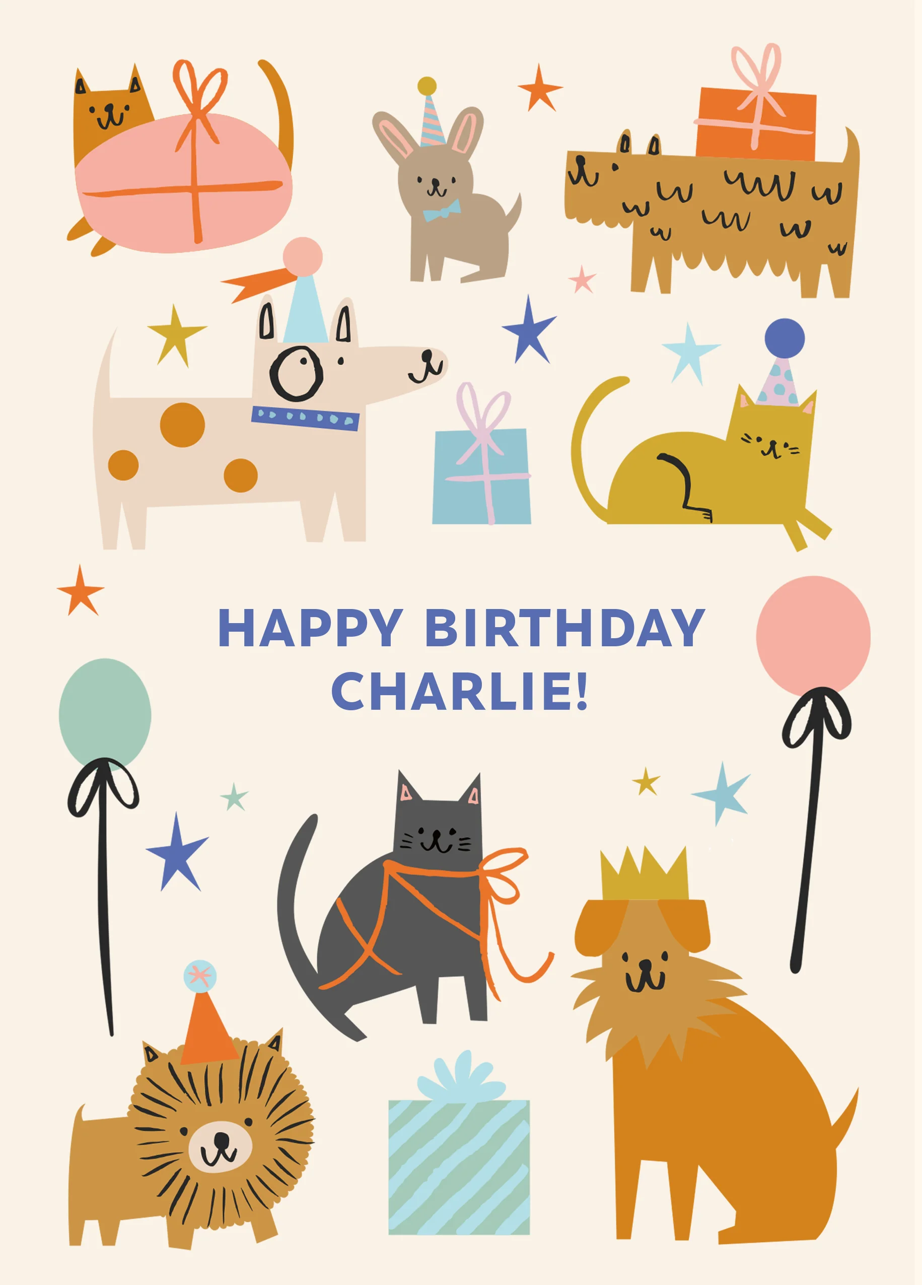 Personalised Editable Party Cats & Dogs Birthday Card