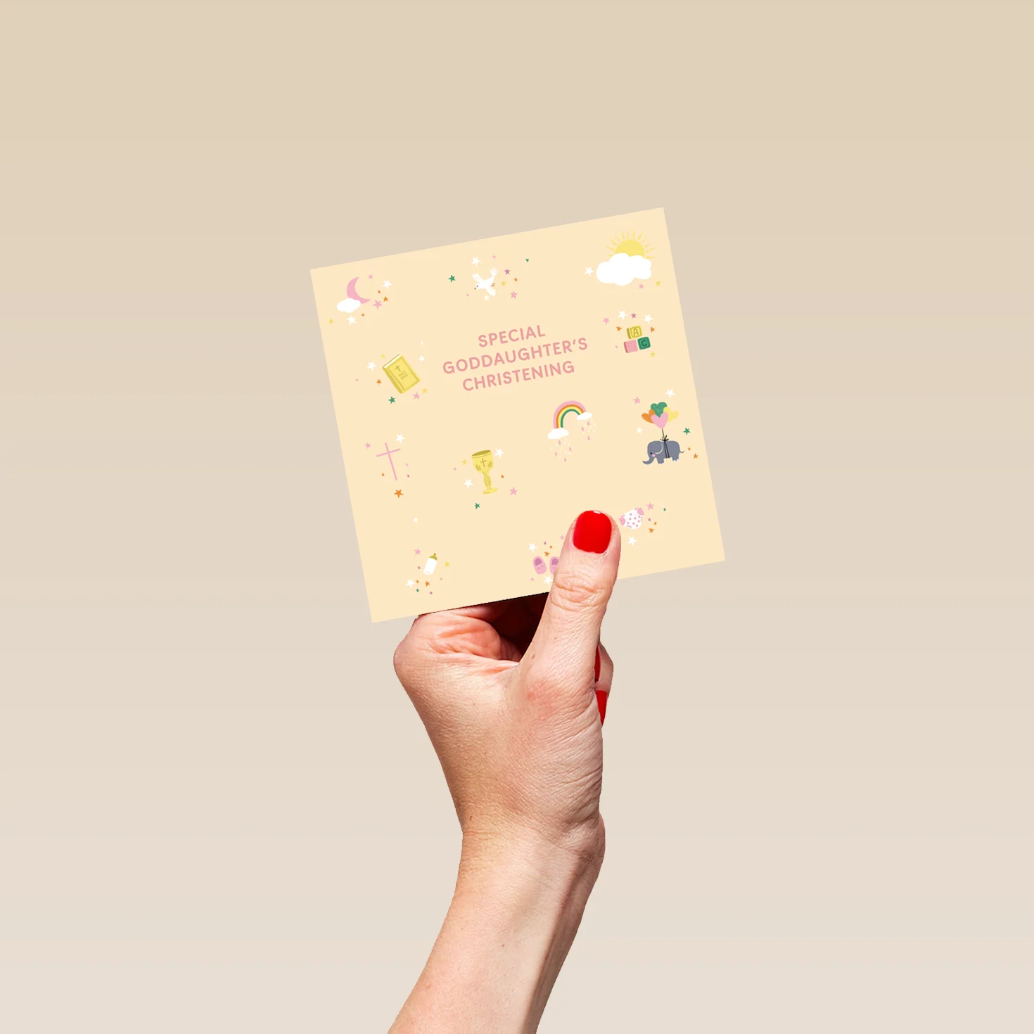 Personalised Editable Peach Cute Icons Christening Card for Goddaughter - Image 4