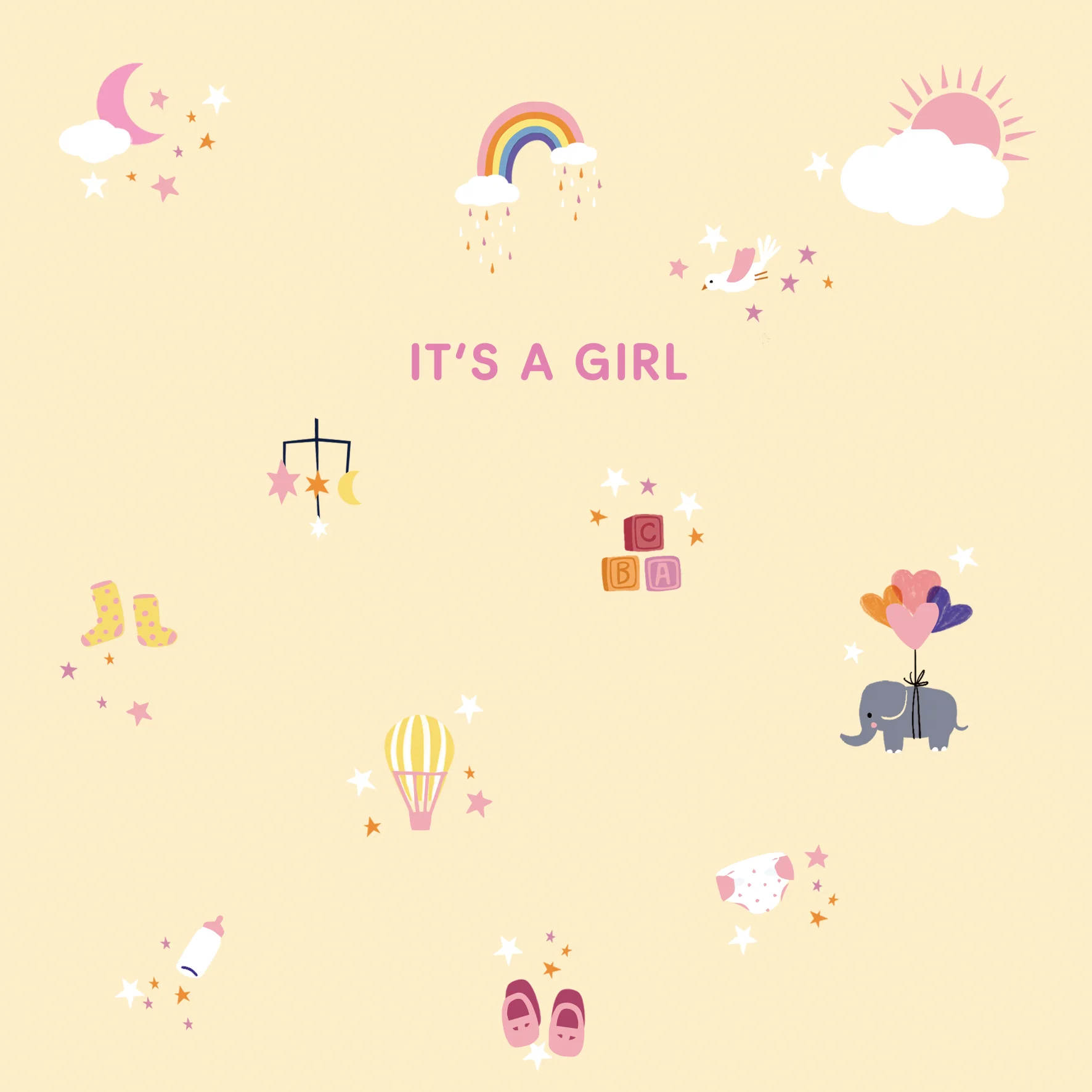 Personalised Editable Peach Cute Icons New Baby Girl Card