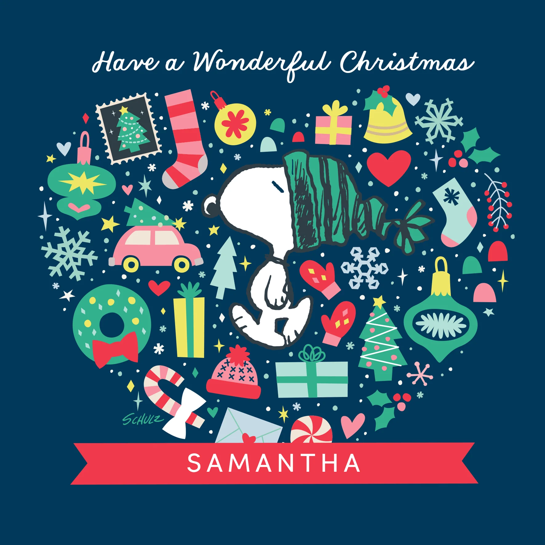 Personalised Editable PEANUTS™ SNOOPY & Festive Icons Christmas Card