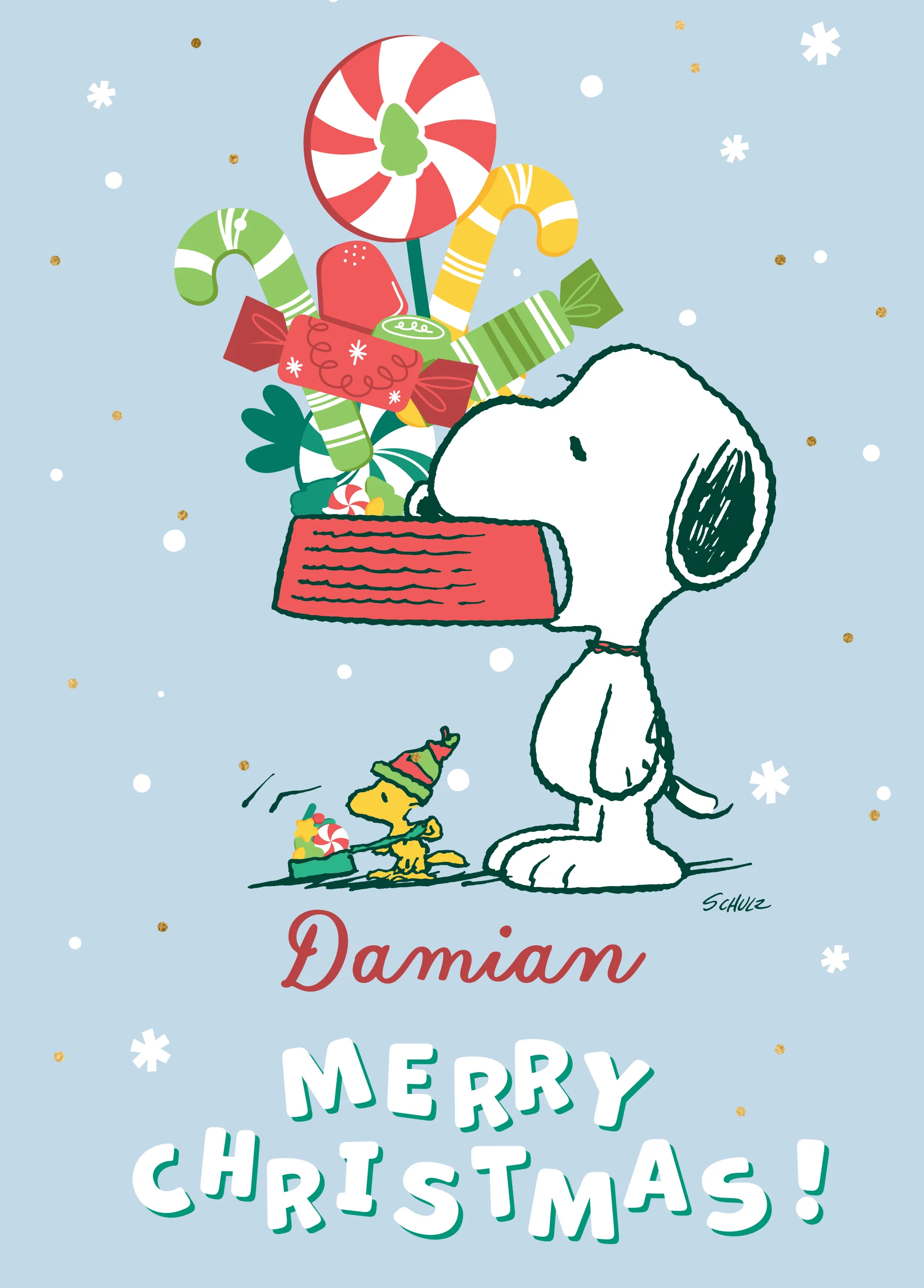 Personalised Editable PEANUTS™ SNOOPY & WOODSTOCK Bowl of Treats Christmas Card