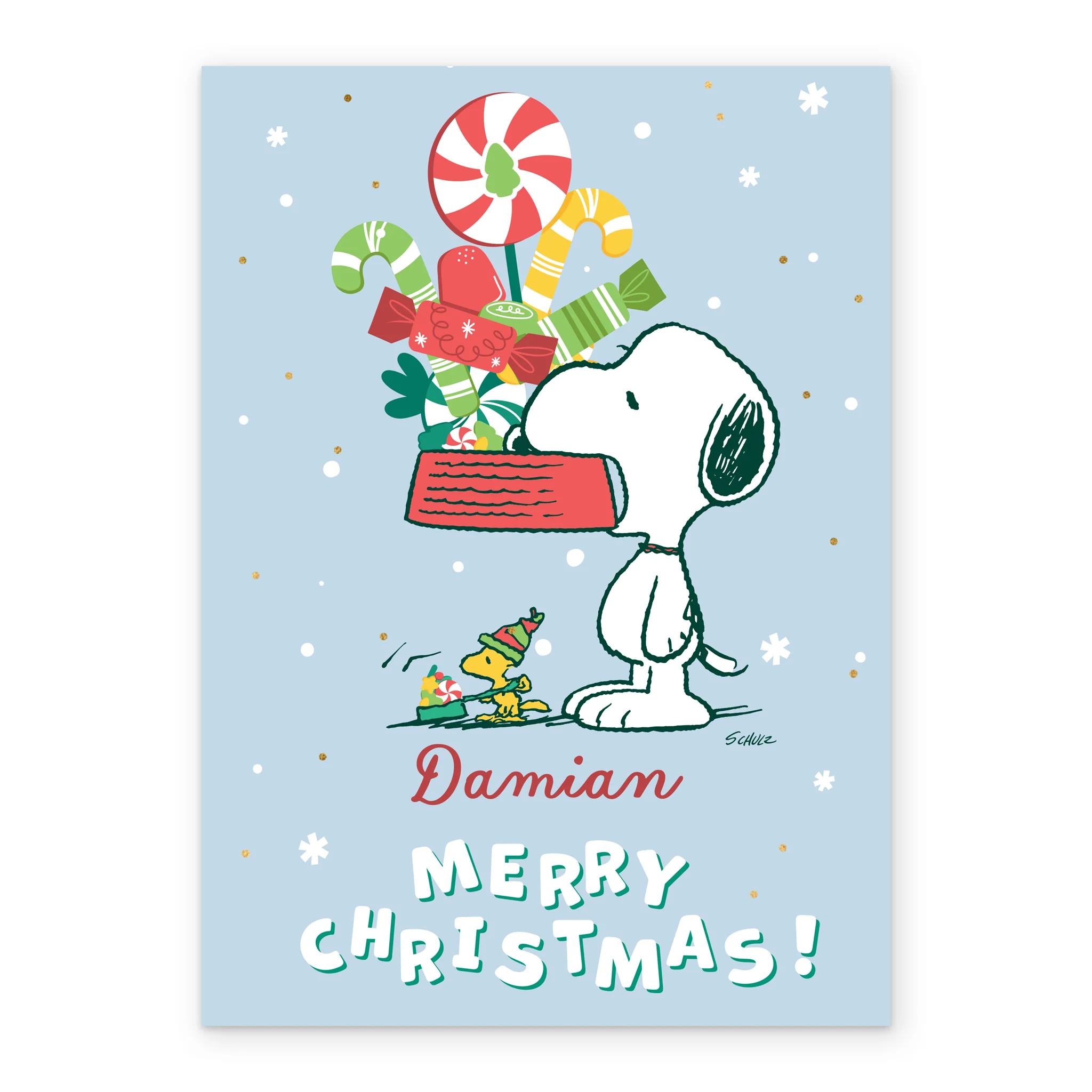 Personalised Editable PEANUTS™ SNOOPY & WOODSTOCK Bowl of Treats Christmas Card - Image 2