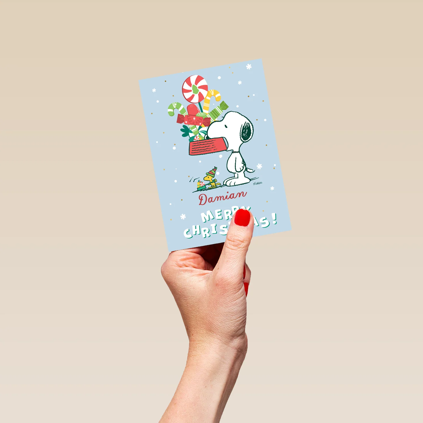 Personalised Editable PEANUTS™ SNOOPY & WOODSTOCK Bowl of Treats Christmas Card - Image 4