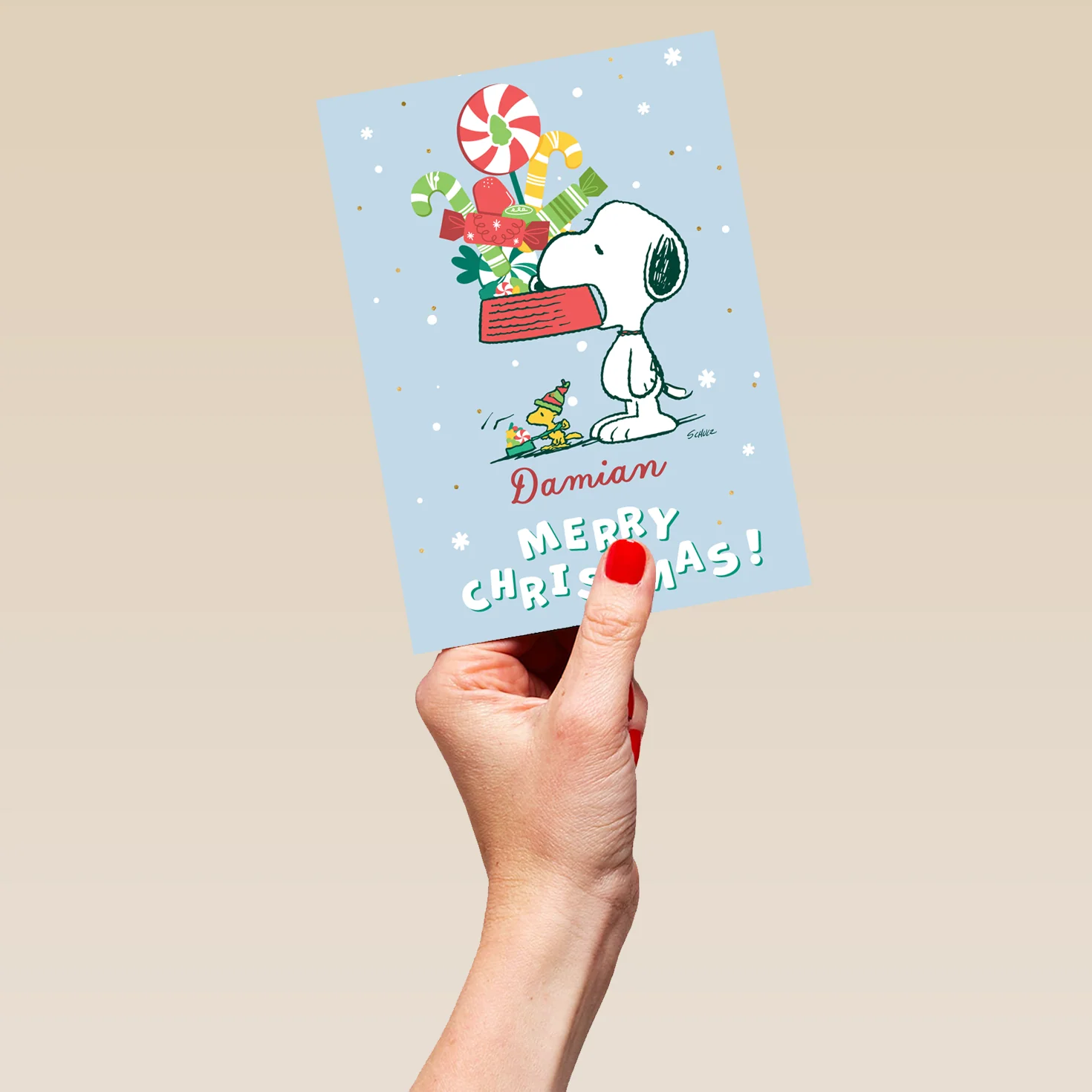Personalised Editable PEANUTS™ SNOOPY & WOODSTOCK Bowl of Treats Christmas Card - Image 5