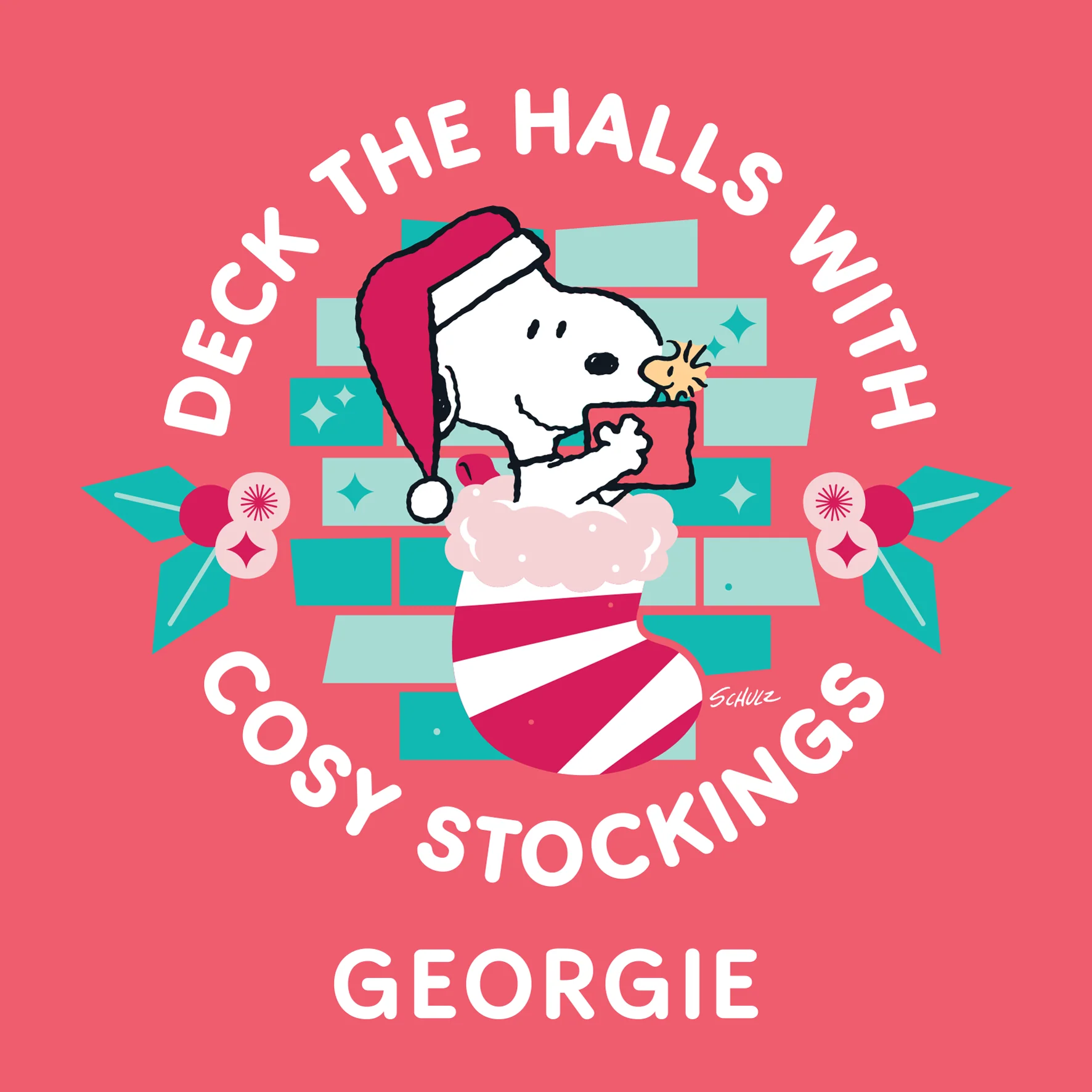 Personalised Editable PEANUTS™ SNOOPY & WOODSTOCK Stocking Christmas Card