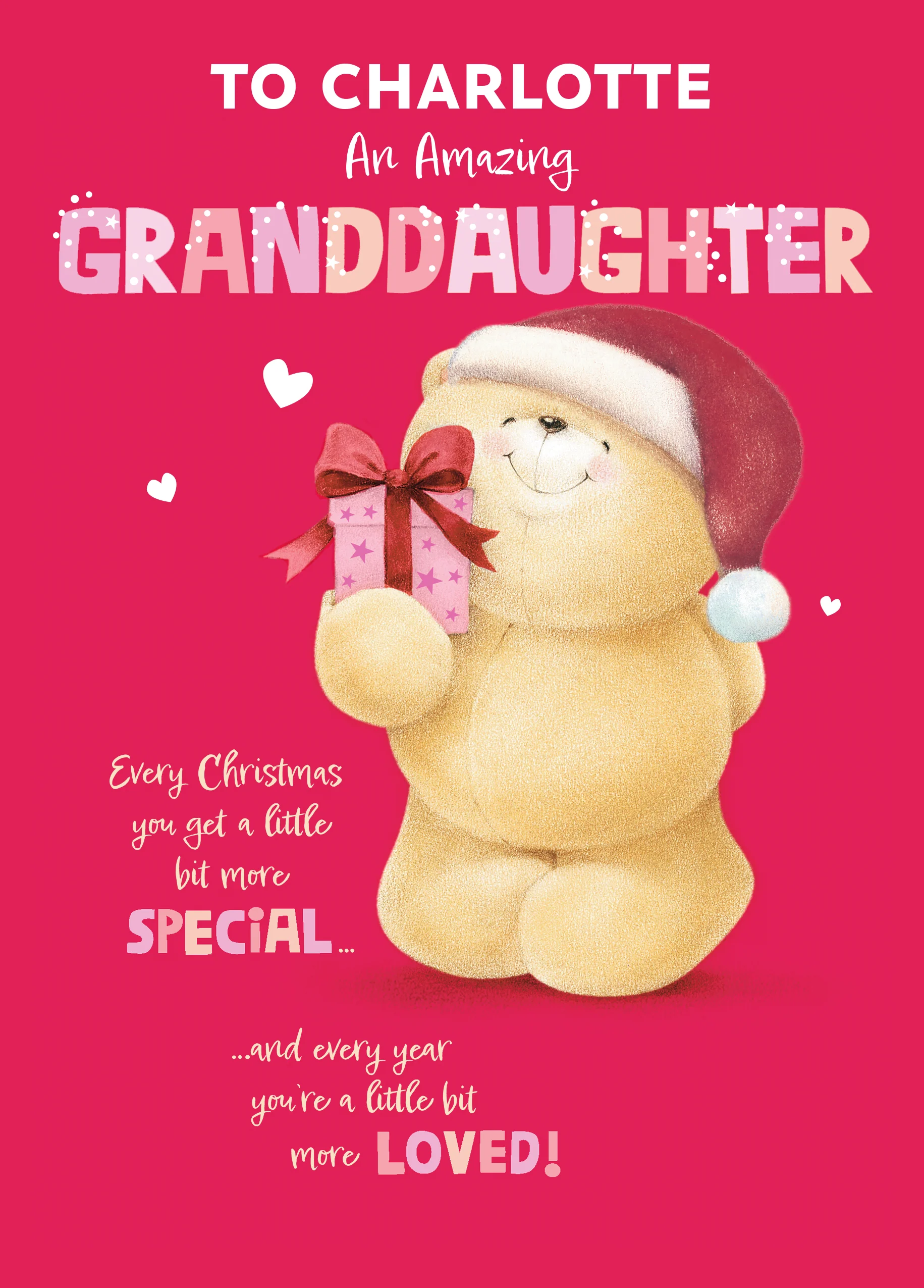 Personalised Editable Pink Forever Friends Bear & Gift Christmas Card for Granddaughter