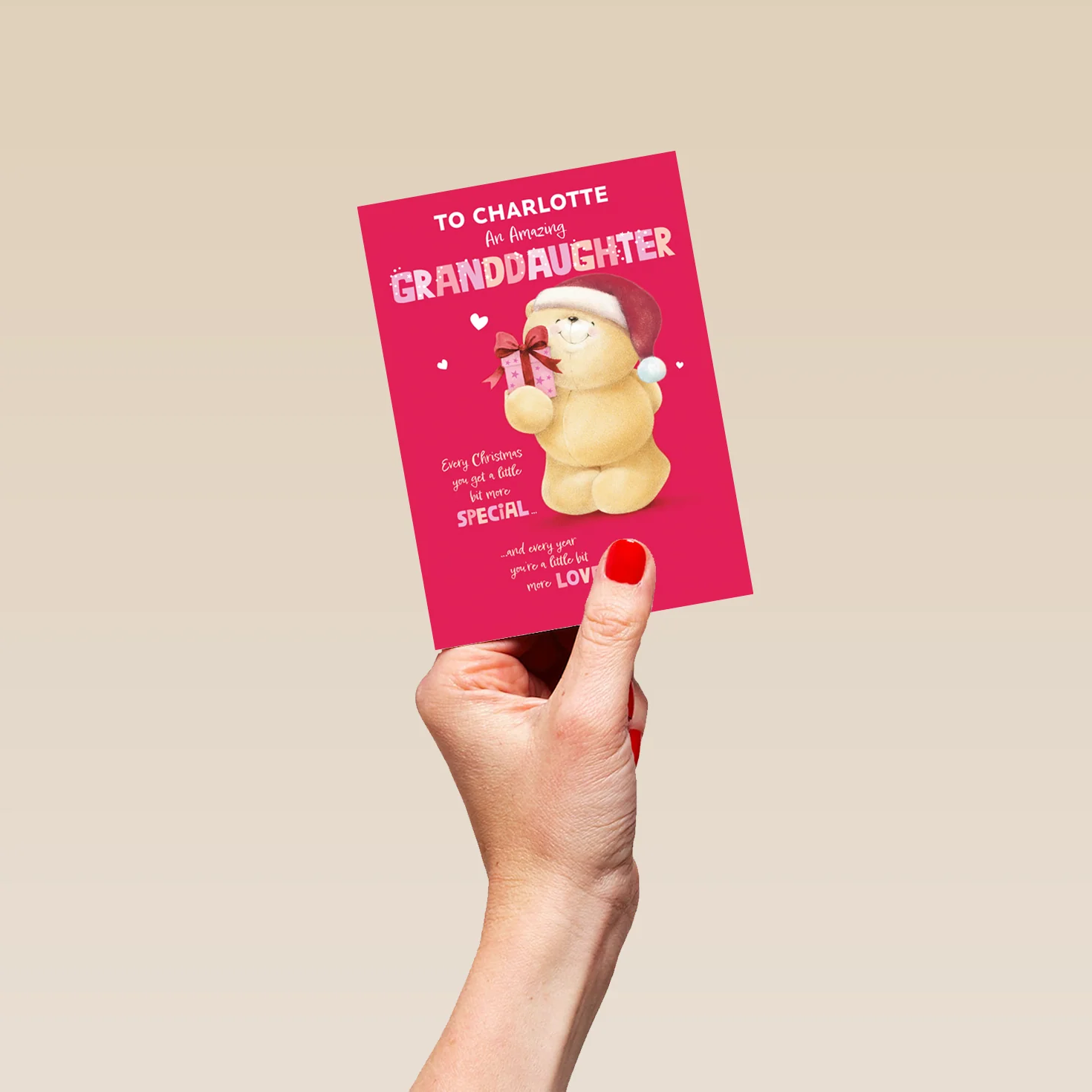 Personalised Editable Pink Forever Friends Bear & Gift Christmas Card for Granddaughter - Image 4